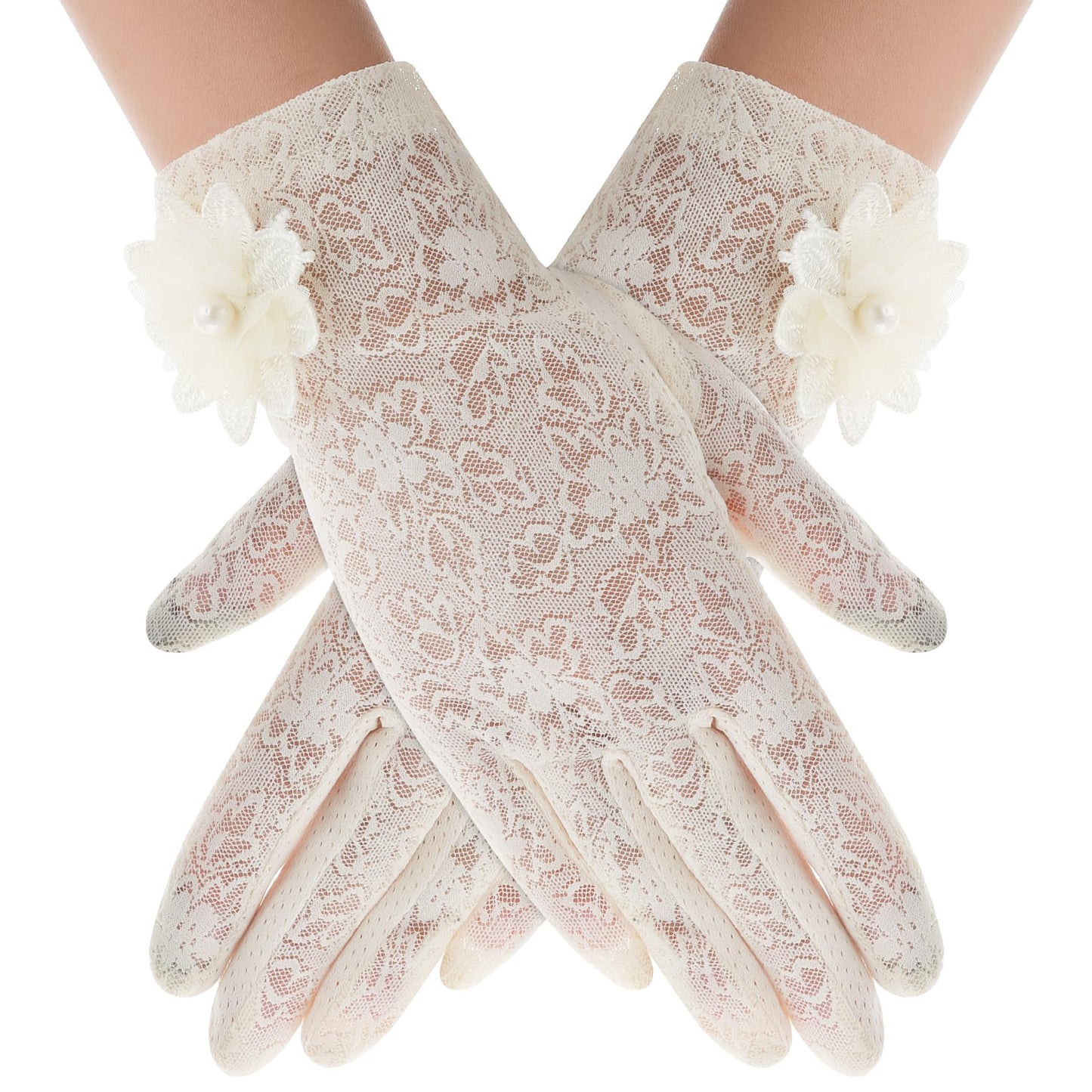 Yolev Floral Ladies Lace Gloves Short Elegant Gloves Stretchy Summer Sun UV Protection Driving Gloves with Touch Screen for Wedding Opera Dinner Party (Beige)
