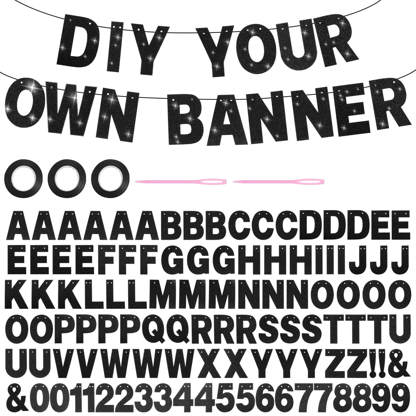 116 PCS DIY Banner Kit with Letters.Glitter Custom Letter Banner Including 111 Letters and Numbers 3 Rope and 2 Threading Device for Birthday Graduation Christmas Wedding Valentine Party Decor