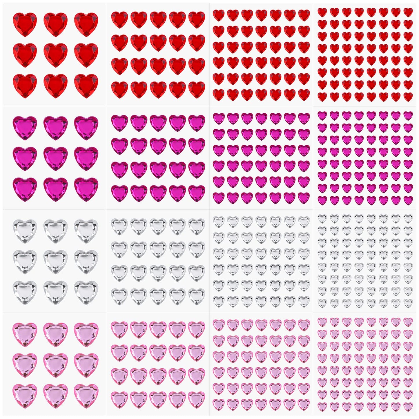 Lusofie 516Pcs Acrylic Heart Rhinestone Stickers Self-Adhesive Gem Stickers Face Gems Stick on Heart Jewels Rhinestones Stickers for Crafts Kids DIY(4 Colors, 4 Sizes)