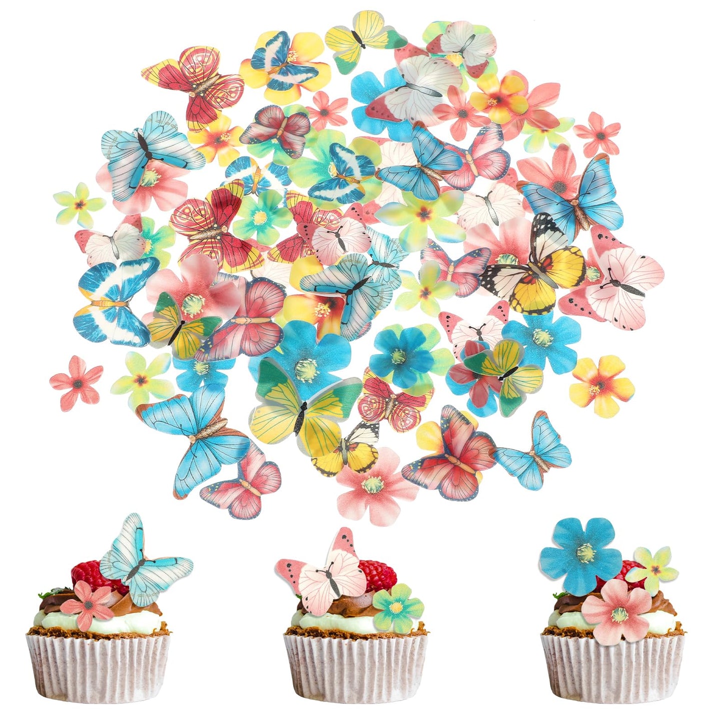 75Pcs Edible Butterflies And Flowers for Cakes, Edible Cupcake Toppers Wafer Paper Cake Cupcake Toppers Edible Cake Decorations for Baking Girl Birthday Party