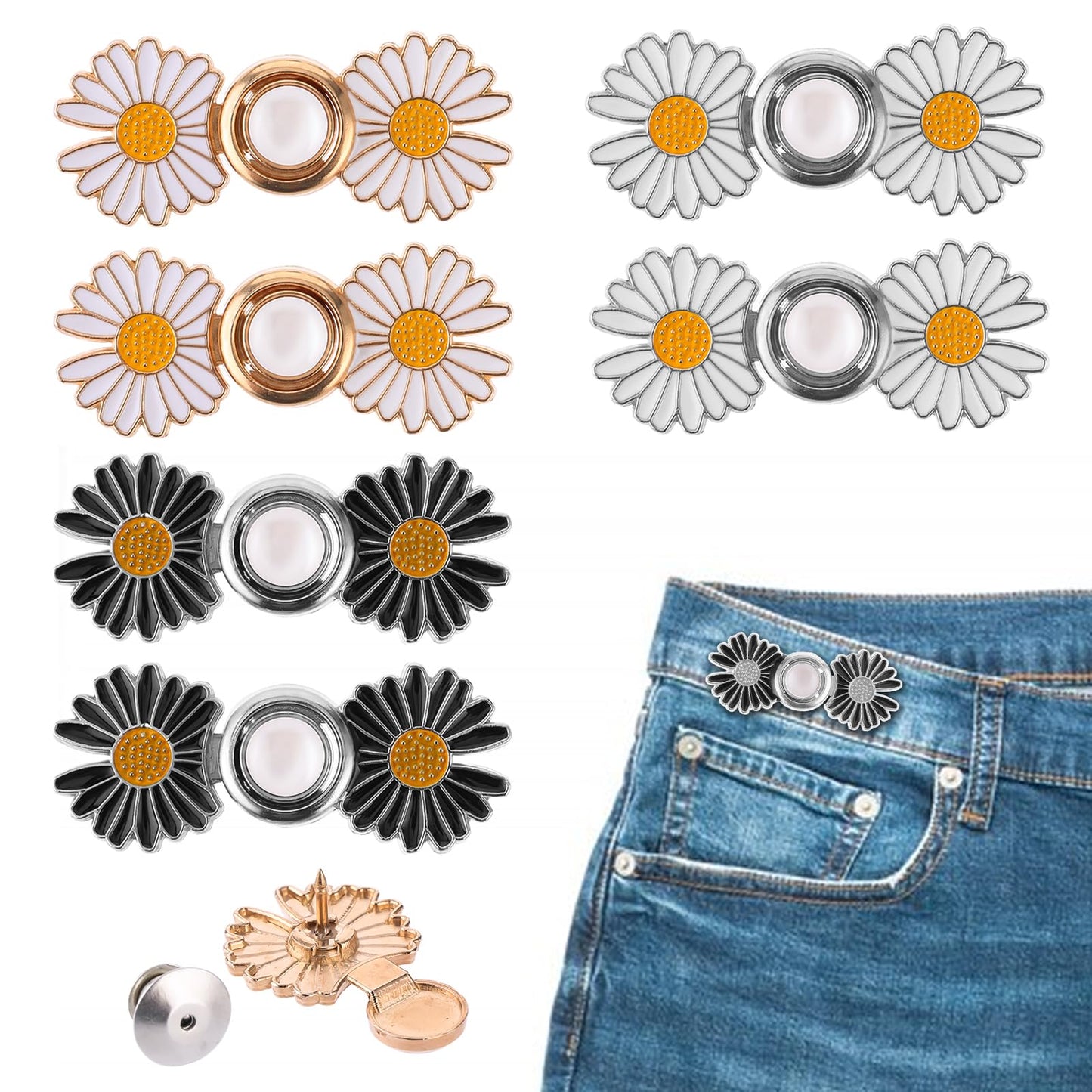 6Sets Adjustable Pant Waist Tightener Detachable Jean Button Pins No Sew and No Tools Daisy Flower Instant Jean Buttons for Loose Jeans