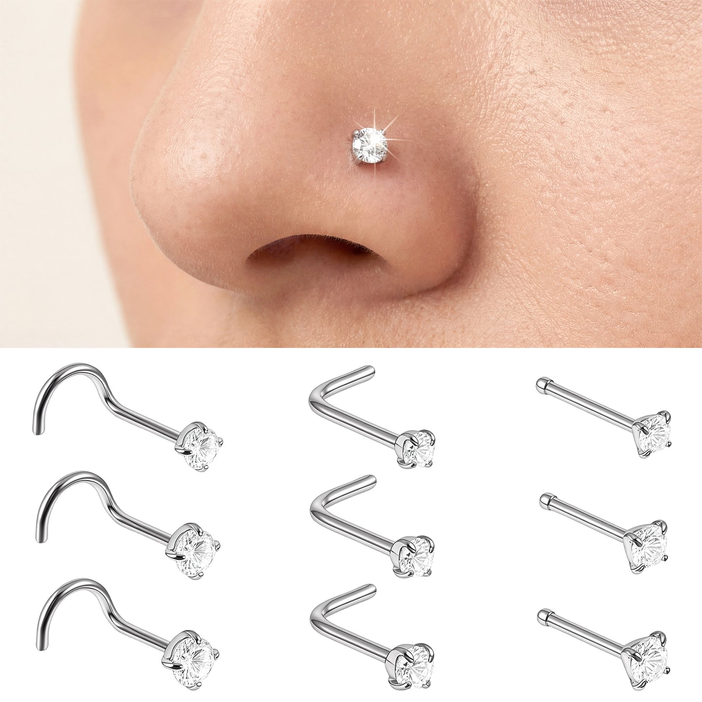 Josojoou 9PCS 20G Nose Stud, Stainless Steel Nose Jewelry for Women, L Shaped & Straight & Corkscrew Stud Noses Rings (Sliver)