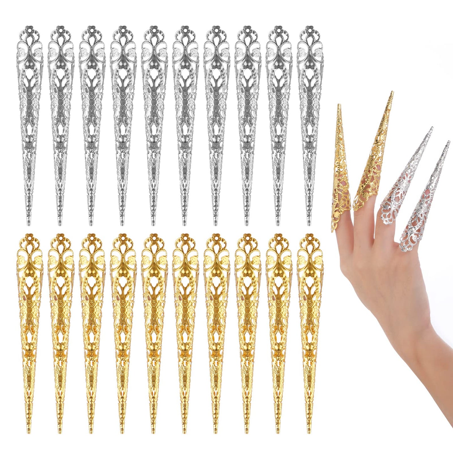 Lusofie 20 Pcs Halloween Finger Claws Nail Tip Claw Rings,Fingernail Rings Claw for Halloween Vampire Nails Women Cosplay Costume Drama Dance Show Claws (Gold, Silver)