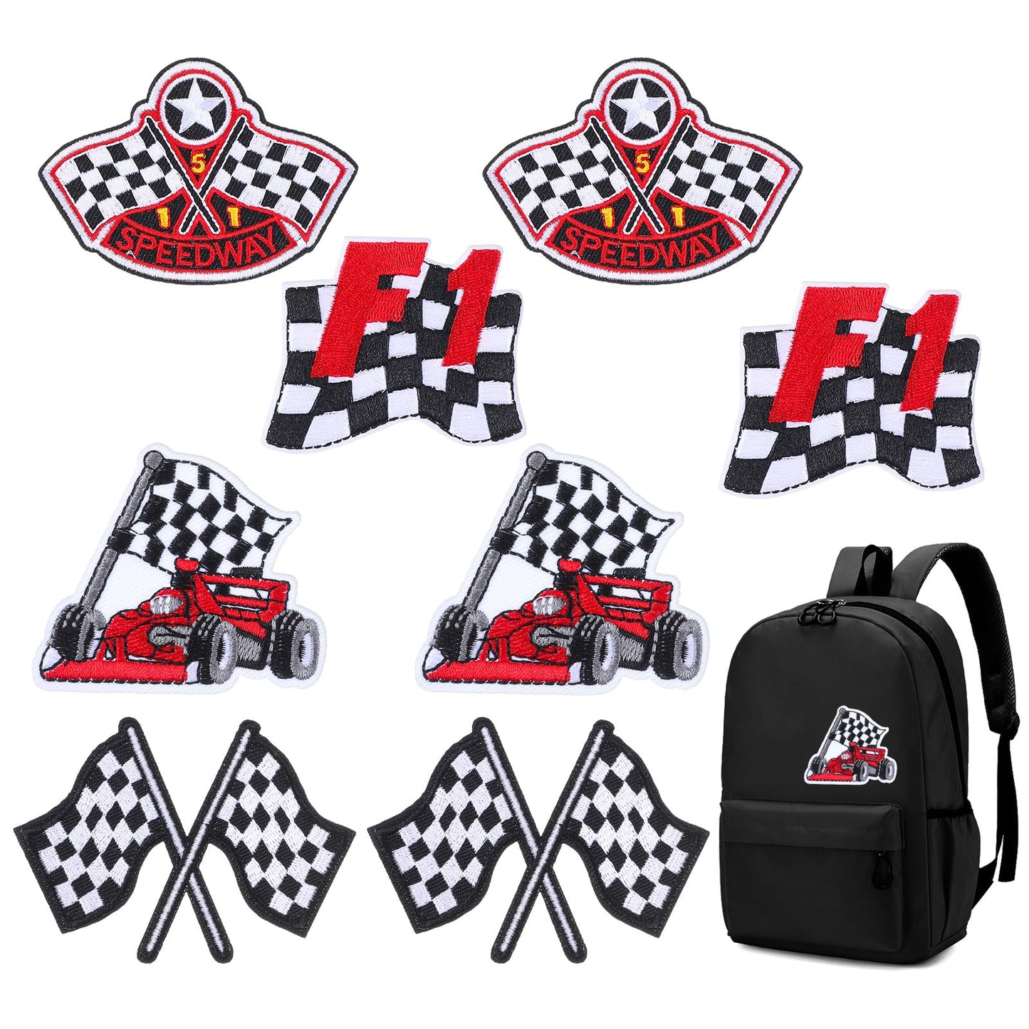 8 Pcs Checkered Racing Flag Patches Polyester Checkered Racing Iron on Patches Two Flags Sports Car F1 Two Flags+Five-Pointed Star Racing Flag Cars Sew on Embroidered Applique(9.5cm/ 5.2cm/ 6cm/8.5cm)