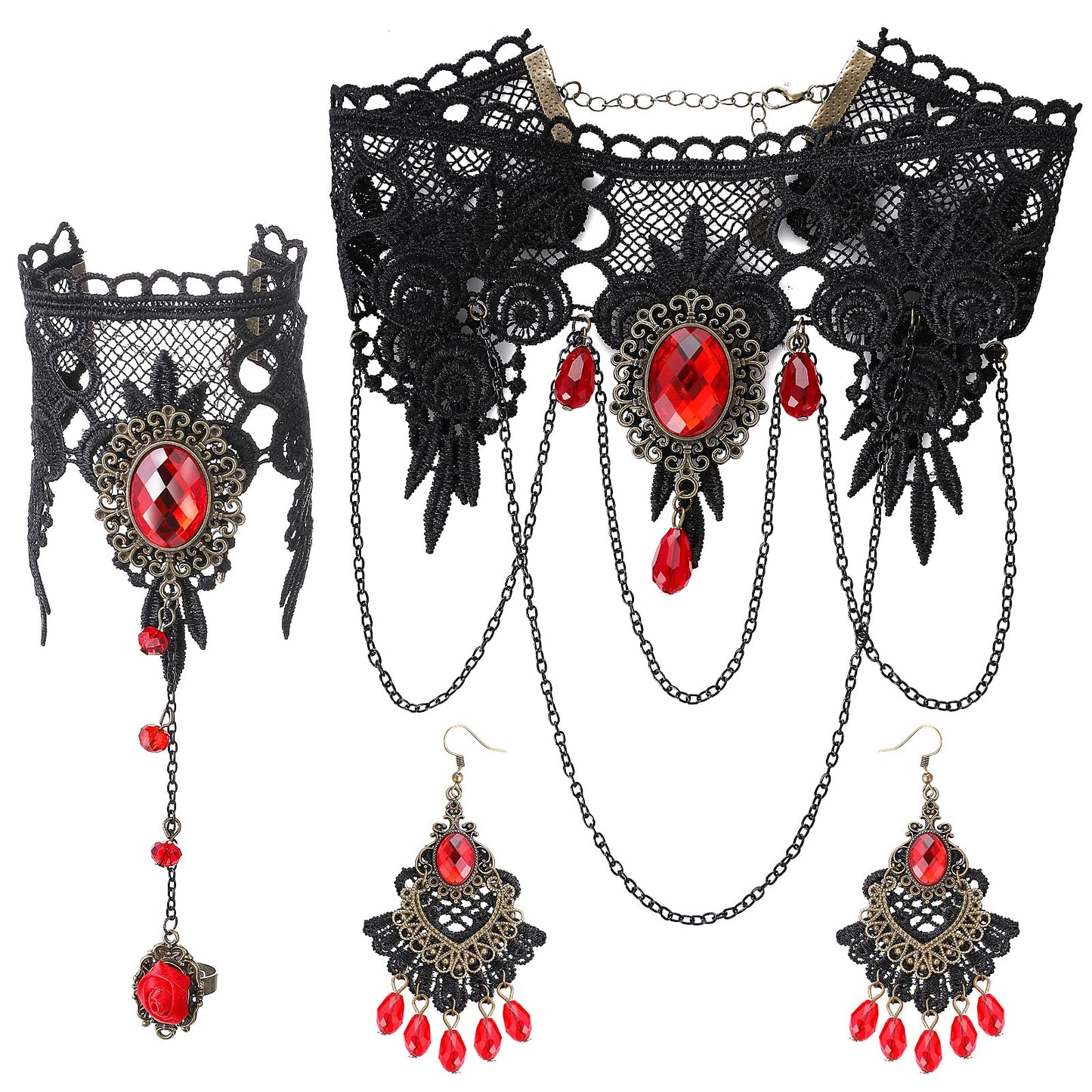 Halloween Gothic Jewelry Set Gothic Choker Necklace Black Lace Choker Lace Bracelet and Pendant Earrings for Halloween Costume Party for Women (Red and Black-2)