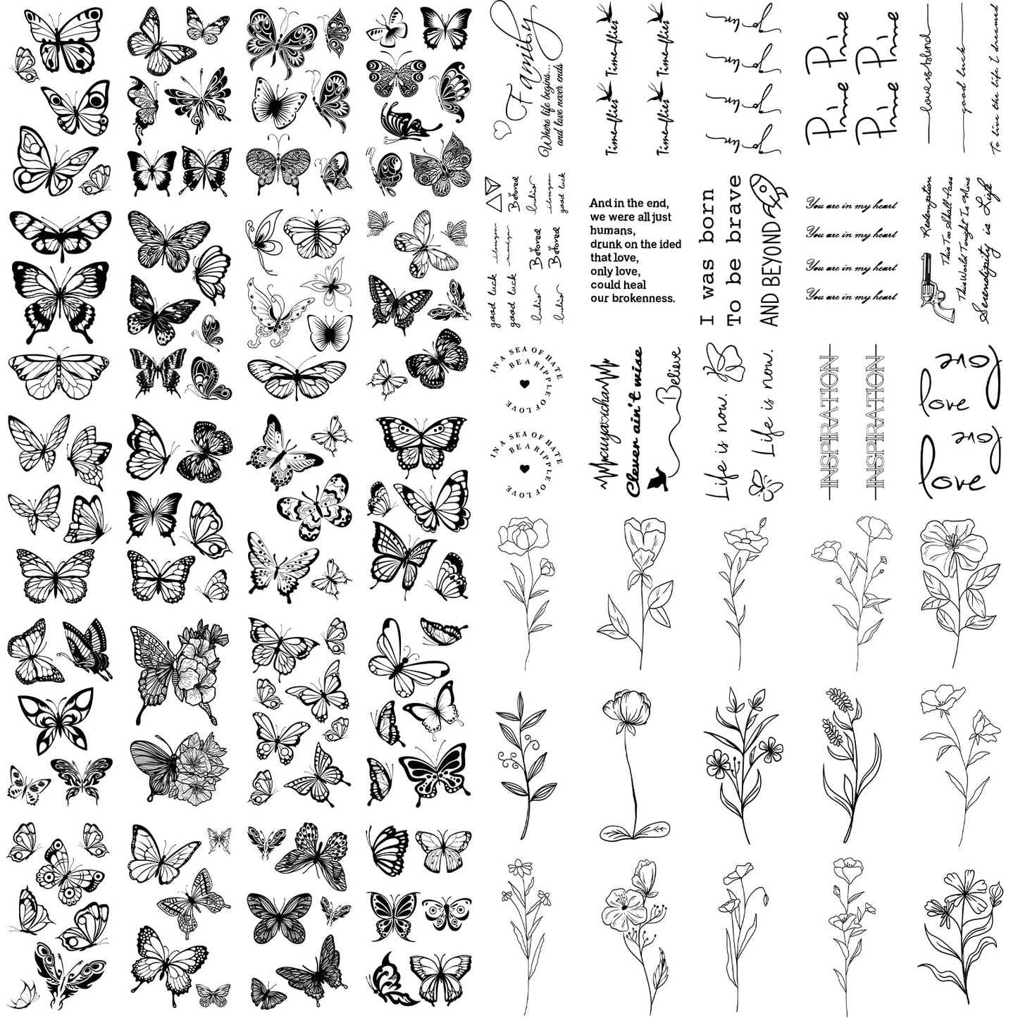 Lusofie Realistic Temporary Tattoos 90 Sheets Fake Tattoo Stickers Removable Ink Line Inspirational Quotes Words Tattoos, Leaf FLower Tattoos, Butterfly Tattoos Temporary for Women Adult