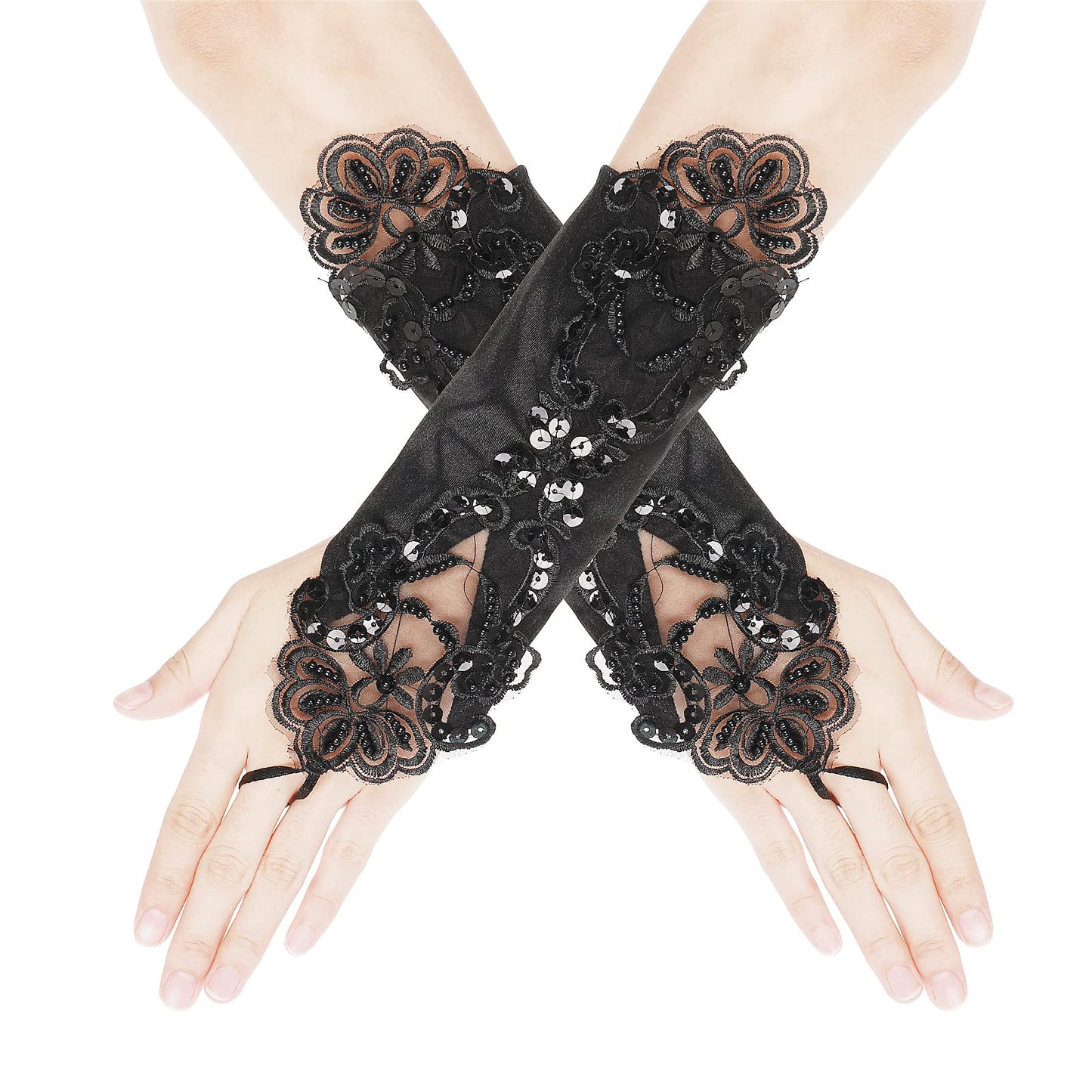 Women's Fingerless Lace Gloves Short Embroidered Opera Gloves 1920s Gloves Bridal Satin Lace Gloves For Wedding Party Masquerade Opera Halloween (Black)