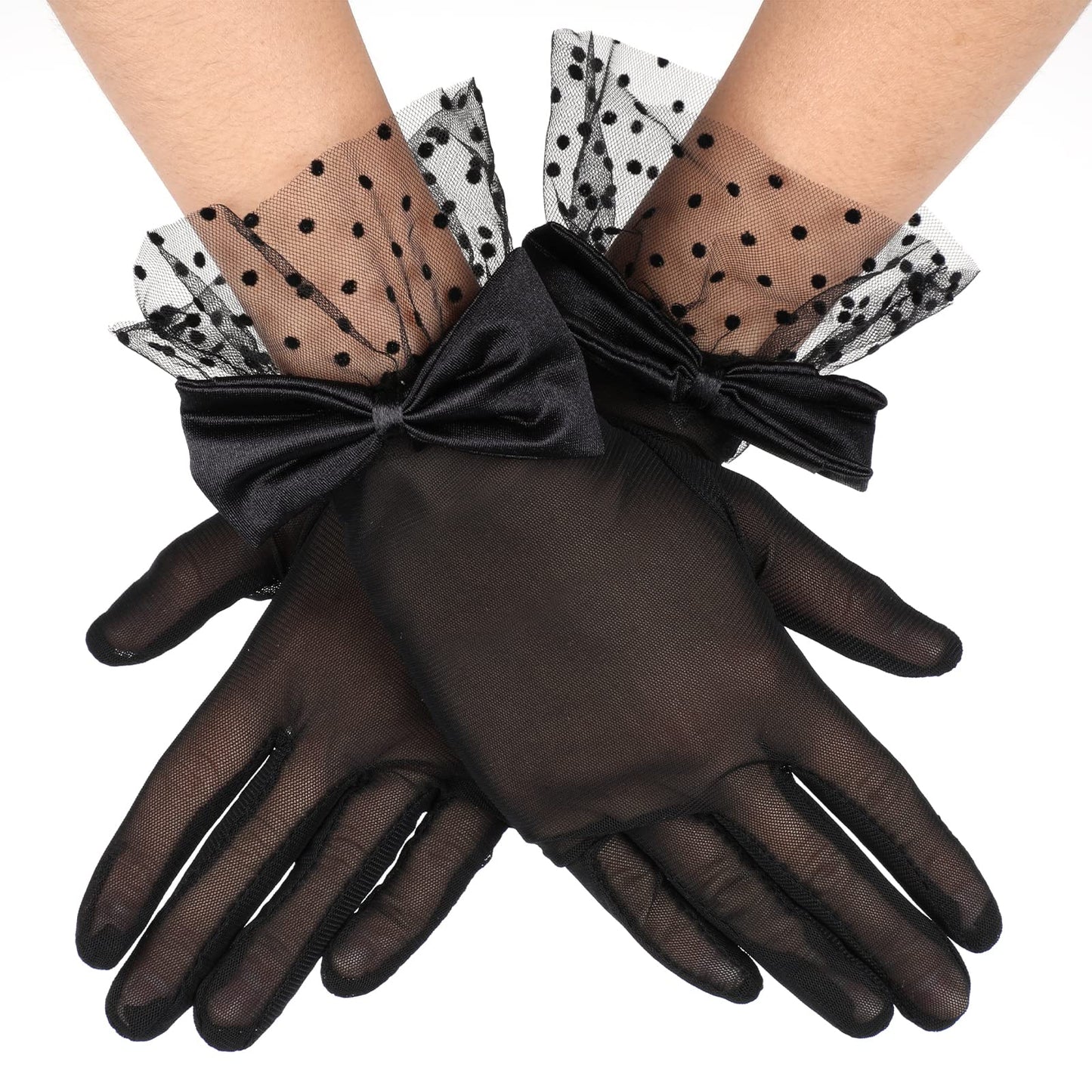 Yolev Ladies Short Lace Gloves Bridal Lace Gloves Tea Party Glove Lace Bow Gloves for Dinner Wedding Prom Halloween Party (Black)