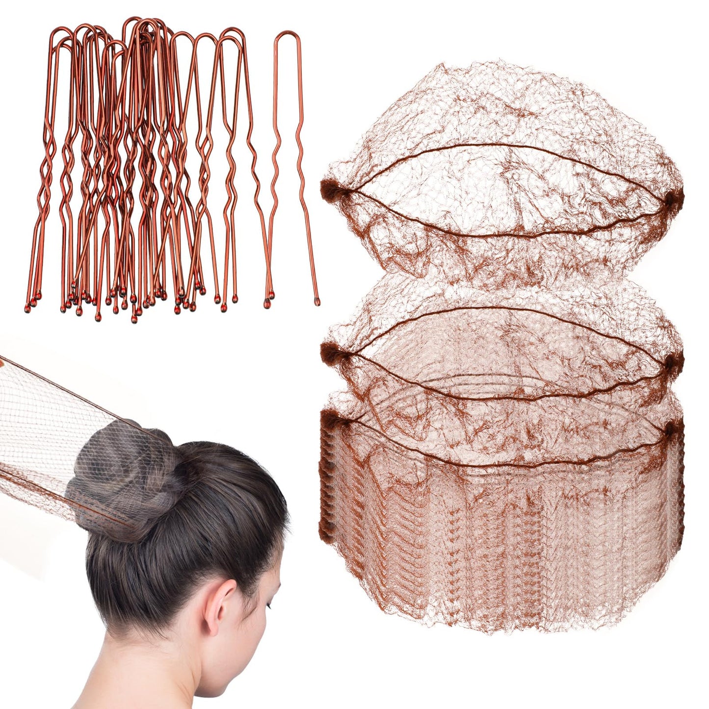 Lusofie 40Pcs Hair Nets for Buns Invisible Bun Hair Net with 50Pcs Bobby Pins Positioning U Shaped Hair Pins for Women Girls Ballet Bun Maker(Brown, 50CM, 6CM)