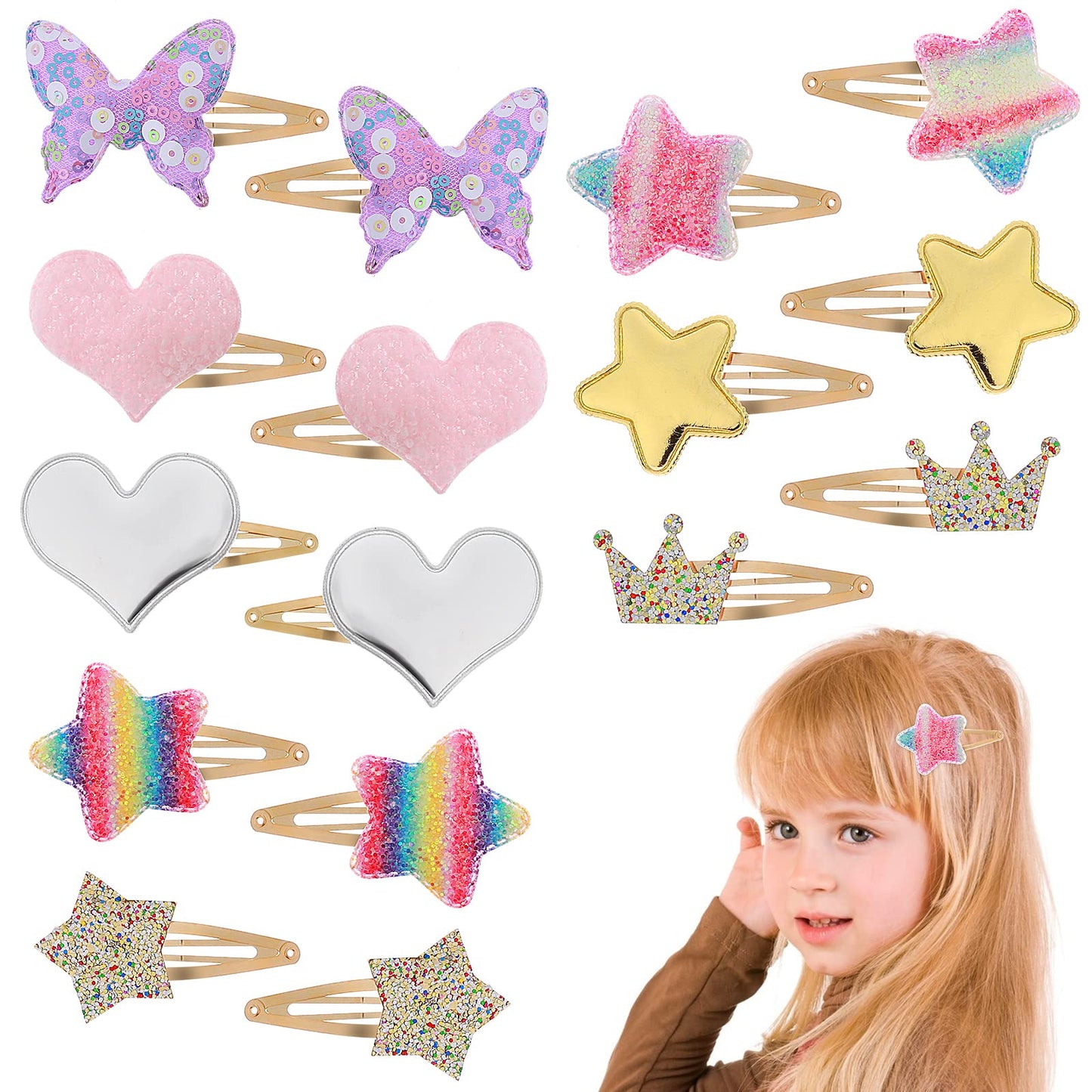 Lusofie 8 Pairs Girls Hair Clips, Sparkly Metal Snap Hair Clips Star/Crown/Heart/Butterfly Sequins Cute Snap Hair Clips for Girls Kids