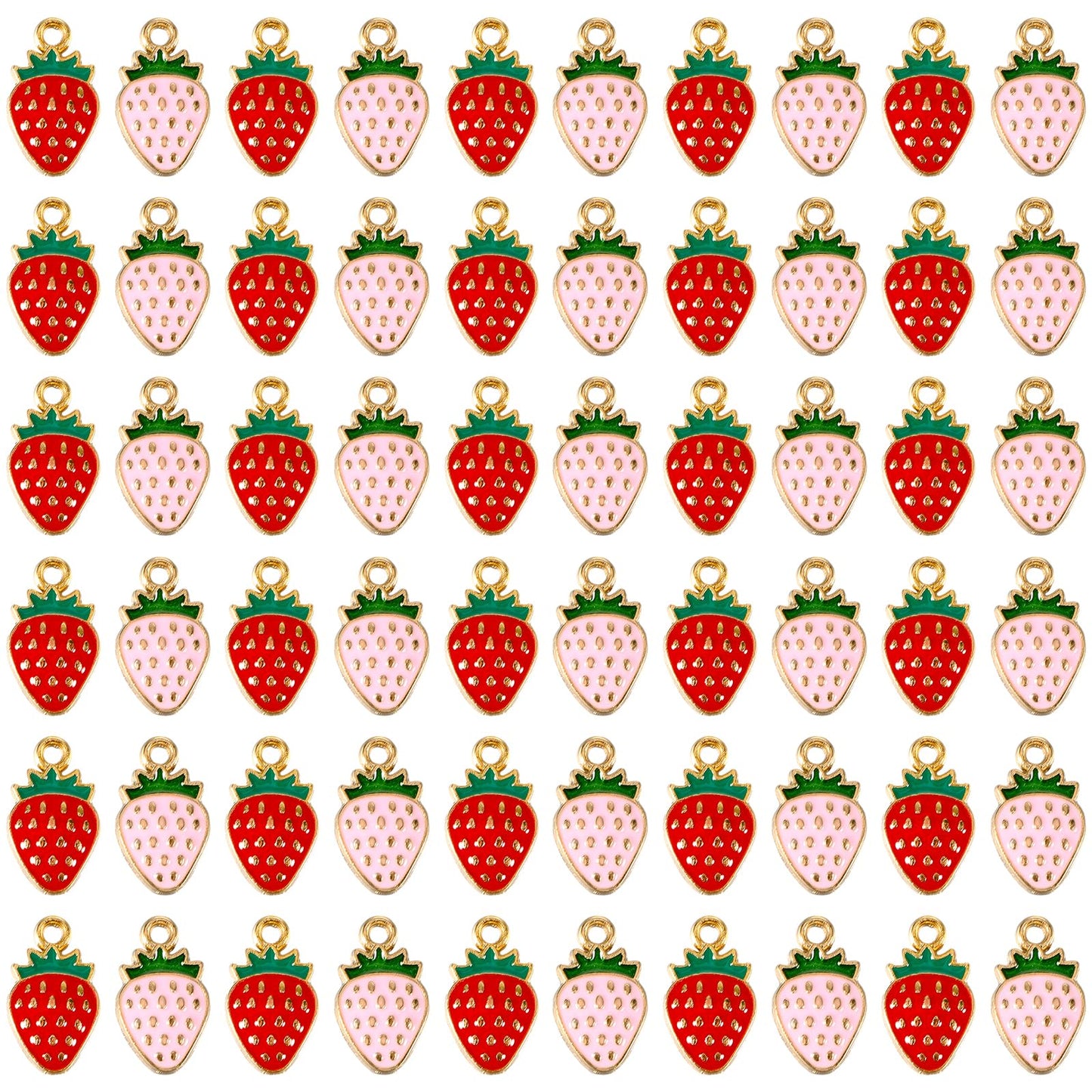 Telooco 60Pcs Strawberry Beads Enamel Strawberry Charms Bulk Strawberries Flatback Fruit Charms for Jewelry Making Earrings Keychain Supplies Craft(Pink, Red)