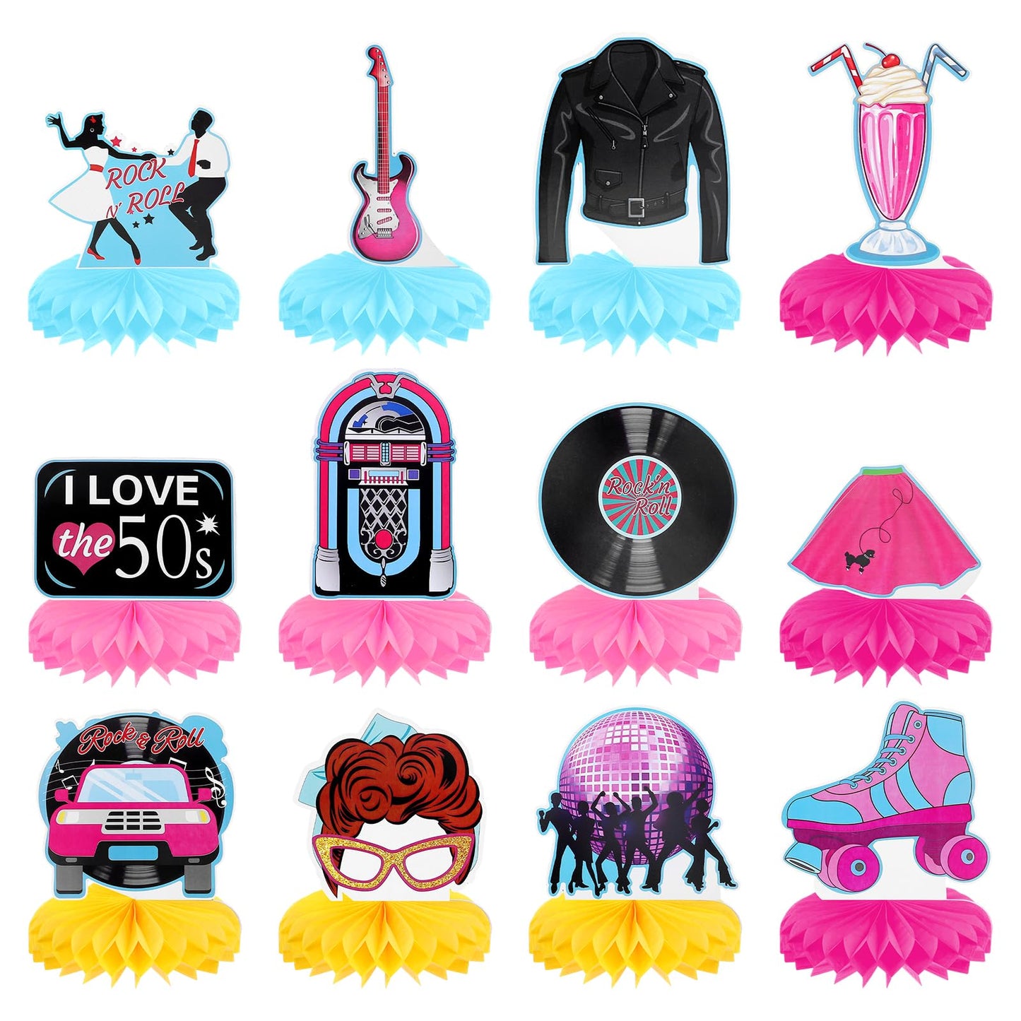 12 Pcs 1950's Rock and Roll Honeycomb Centerpieces, 50s Party Decorations, Retro Table Toppers Table Centerpieces, Retro Record Note Sign for Music Birthday Party Supplies Favors