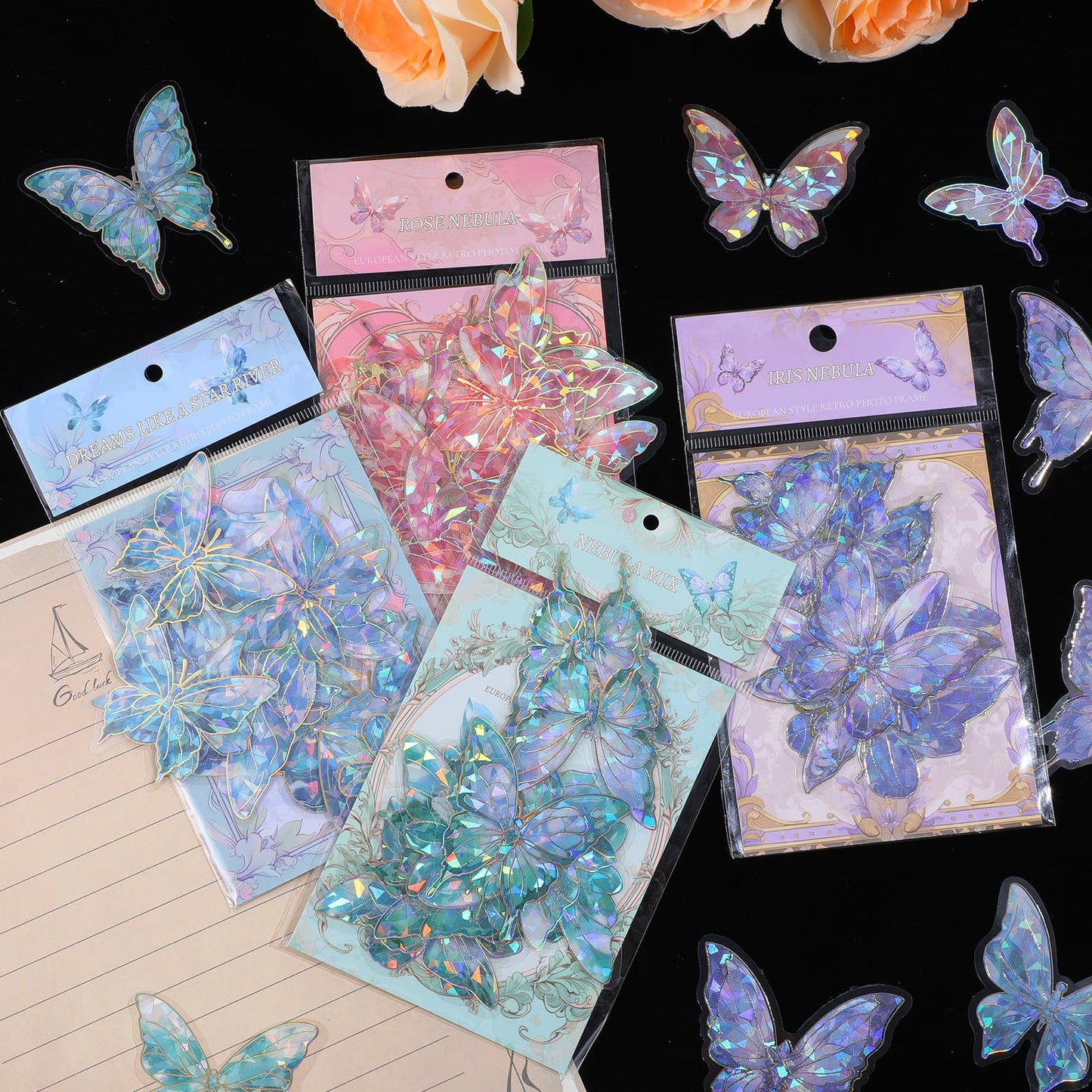 80 PCS Holographic Butterfly Stickers Set Shiny Transparent Butterflies Stickers for Adults 3D Scrapbook Accessories for DIY Decorating Cup Notebook Card Laptop Wall Window