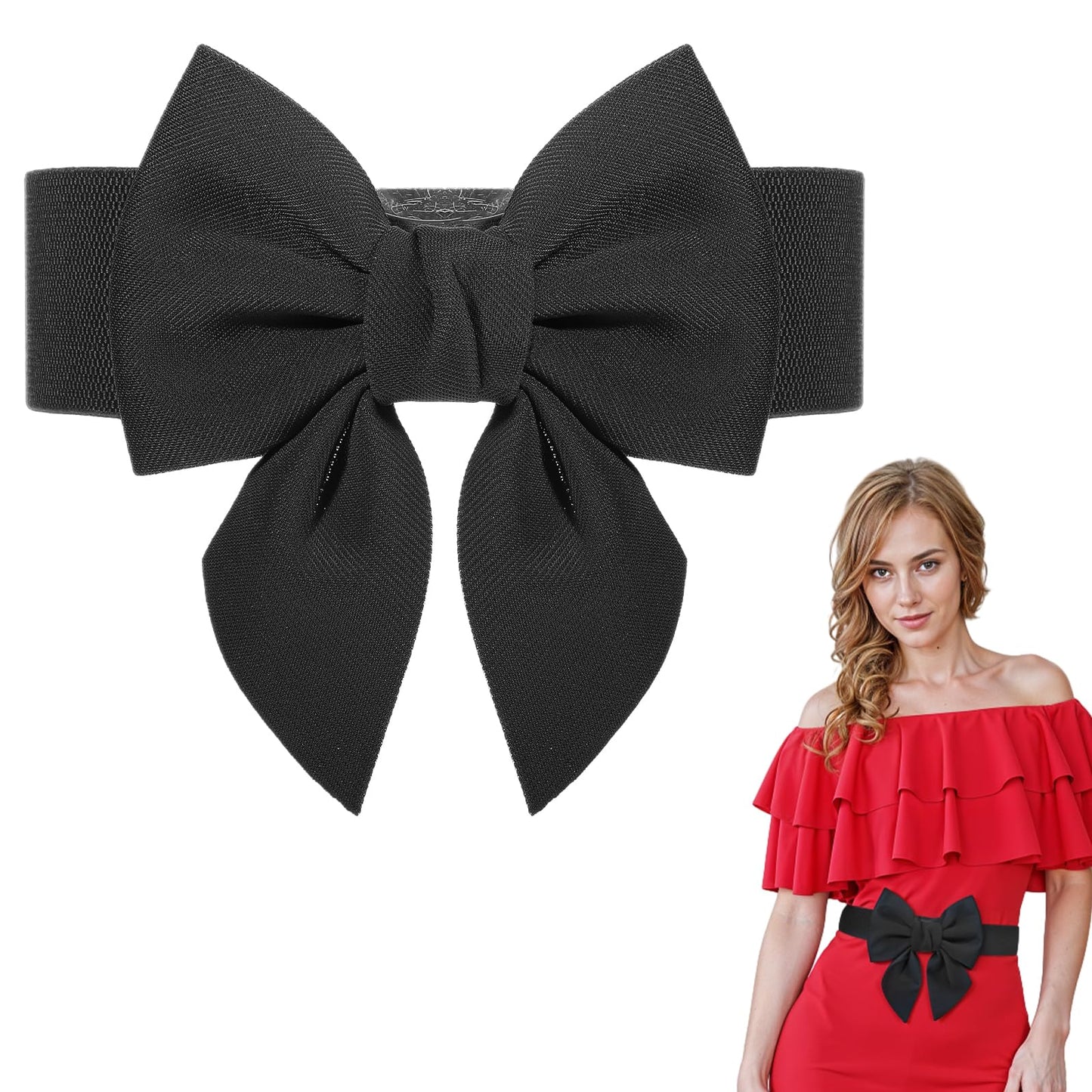 Bow Waist Belt Womens Belts for Dresses Stretchy Bowknot Cinch Waist Belt Satin Sash Belt 2.36'' Wide For Women Ladies Special Occasion Bridal Wedding Prom Formal (Black)