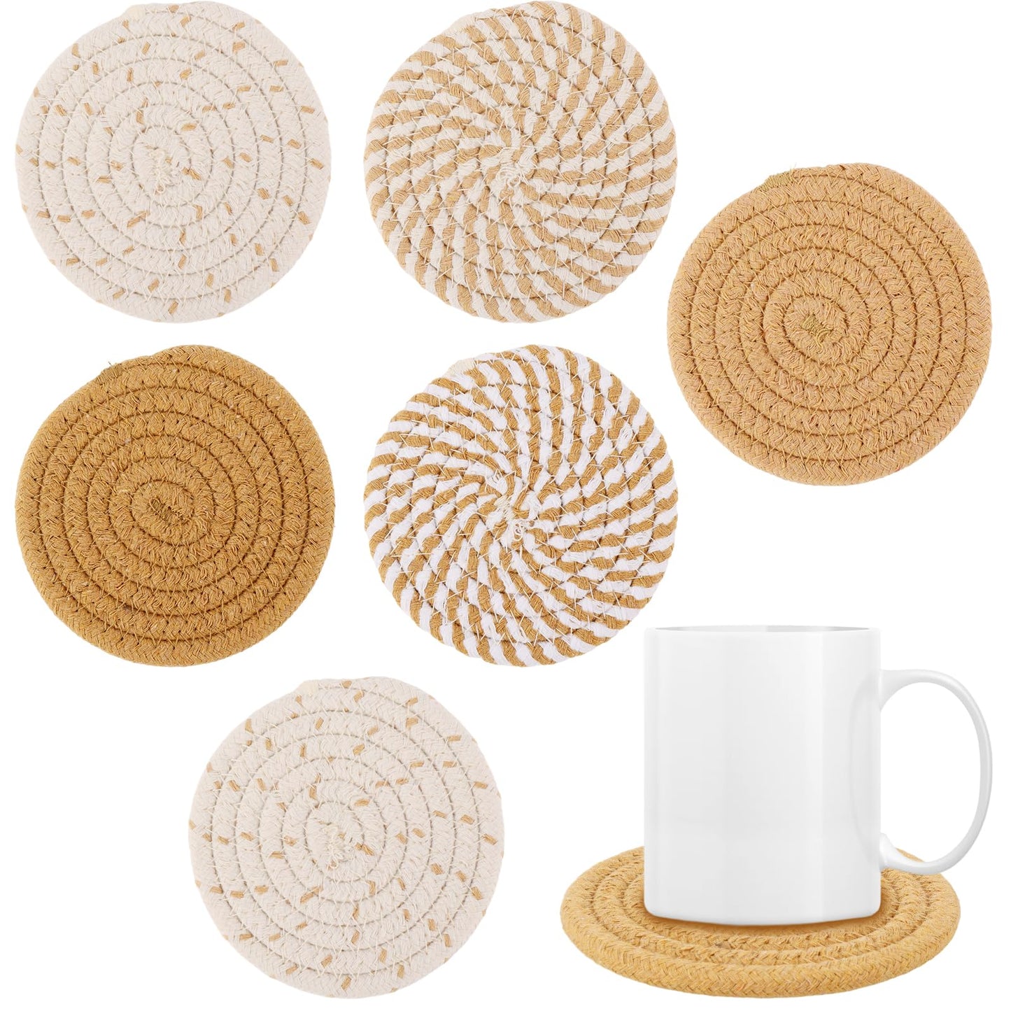 6Pcs Drink Coasters 4.3 inches Cotton Woven Absorbent Coasters for Drinks, Heat Resistant Coaster Set for Wooden Tabletop Protection Table from Perils of Both Hot And Cold Beverages