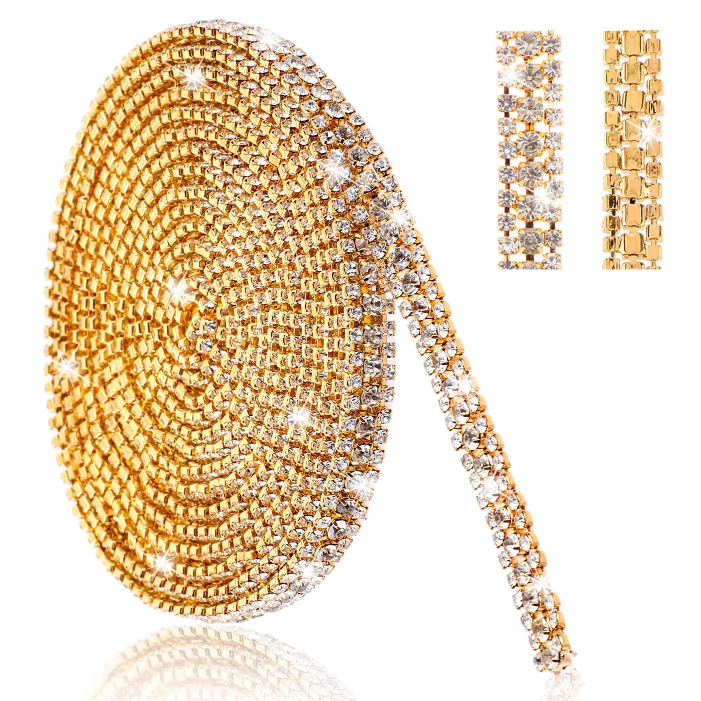 Telooco Rhinestone Diamond Ribbon 3 Row Bling Diamond Mesh Wrap Roll for Wedding Clothes Crafts Jewelry Decoration(Gold, 3 Yards)
