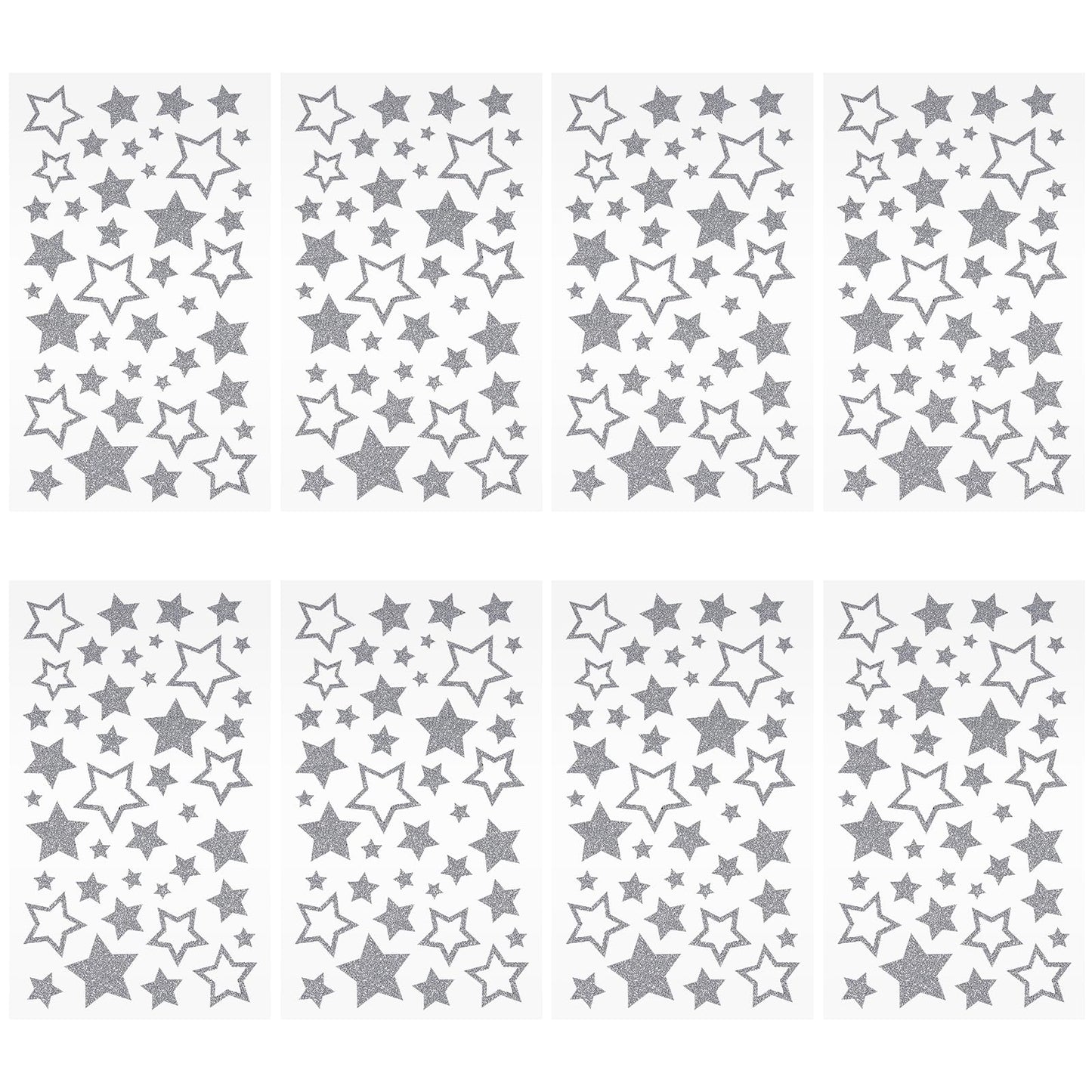 Lusofie 8 Sheets Glitter Silver Star Stickers Self-Adhesive Glitter Star Stickers Solid & Hollow Glitter Stars for Scrapbook Card DIY Crafting Kids Reward Supplies