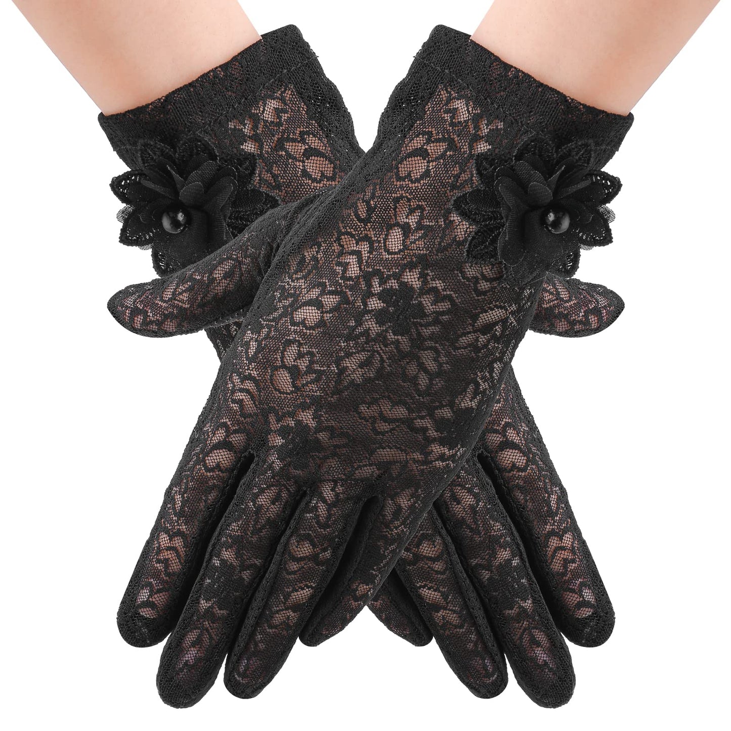Yolev Floral Ladies Lace Gloves Short Elegant Gloves Stretchy Summer Sun UV Protection Driving Gloves with Touch Screen for Wedding Opera Dinner Party (White)