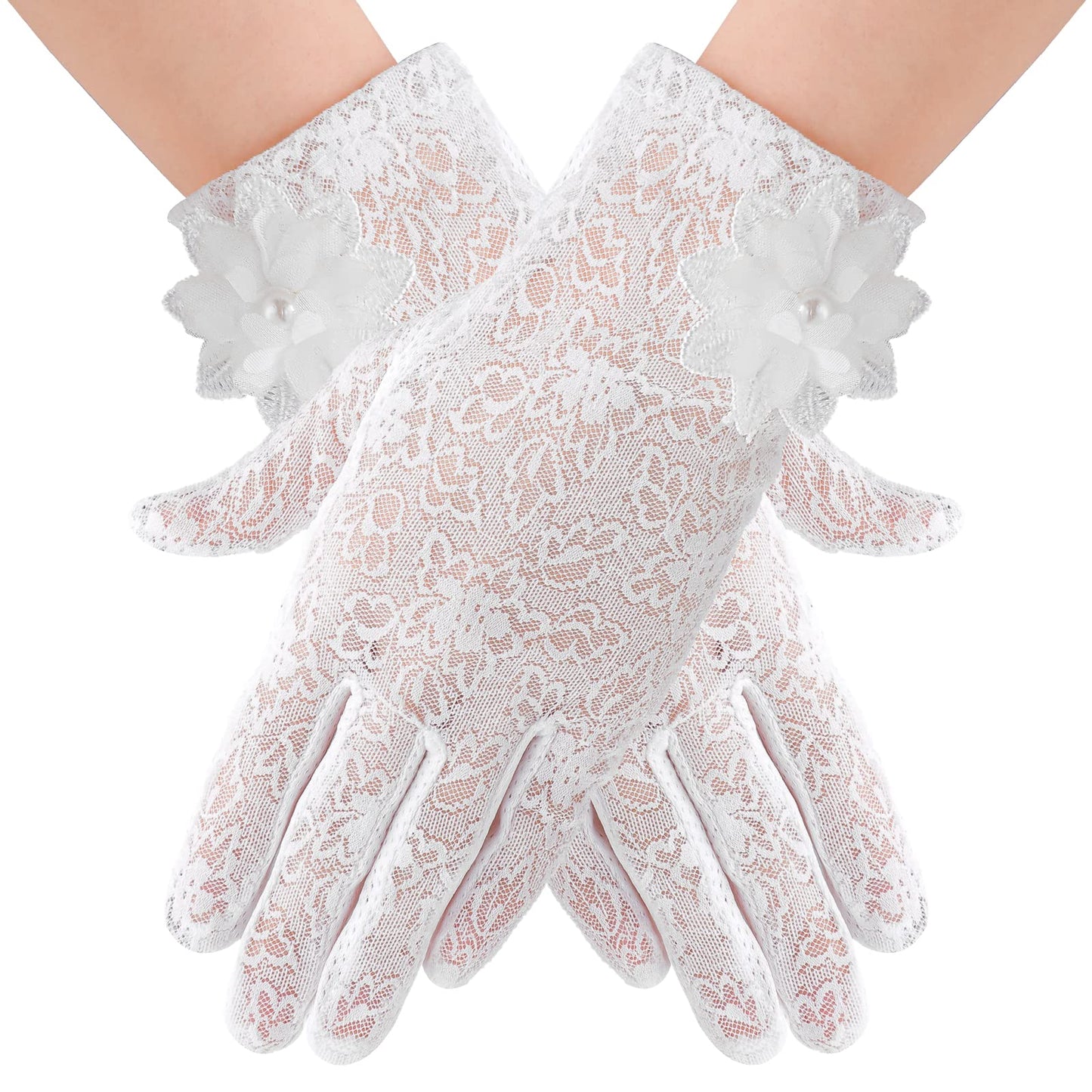 Yolev Floral Ladies Lace Gloves Short Elegant Gloves Stretchy Summer Sun UV Protection Driving Gloves with Touch Screen for Wedding Opera Dinner Party (White)