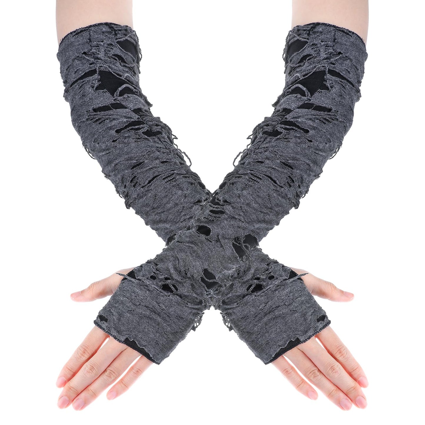 DIVINA VITAE Womens Torn Ripped Punk Goth Gloves Long Punk Fingerless Gloves Cosplay Ripped Gloves Gothic Gloves Black Arm Warmers Sleeve for Halloween Costumn Masquerade Party Accessories