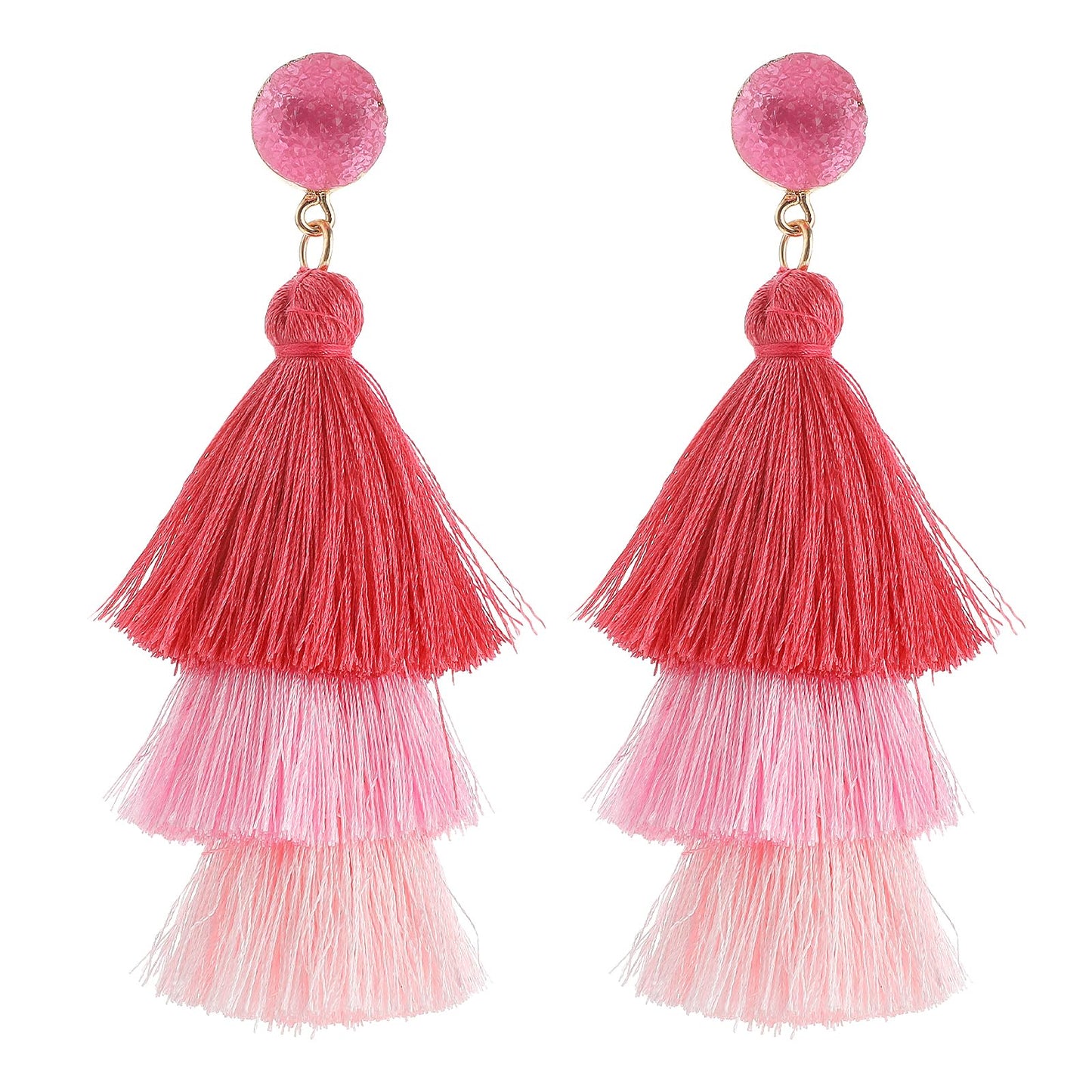 Yolev Layered Tassel Earrings Bohemian Tiered Tassel Thread Earrings Fringe Dangle Drop Earrings for Women Teen Girls (Pink Ombre)