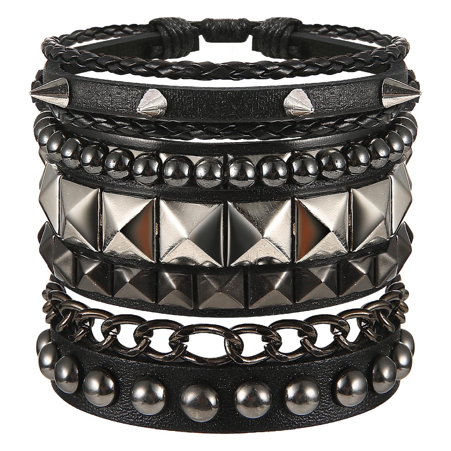 Telooco 4Pcs Punk Leather Bracelet Rock Studded Bracelet Set Hematite Braided Leather Bracelets Set 80s Wristband Emo Bracelet Adjustable Goth Bracelets Unisex