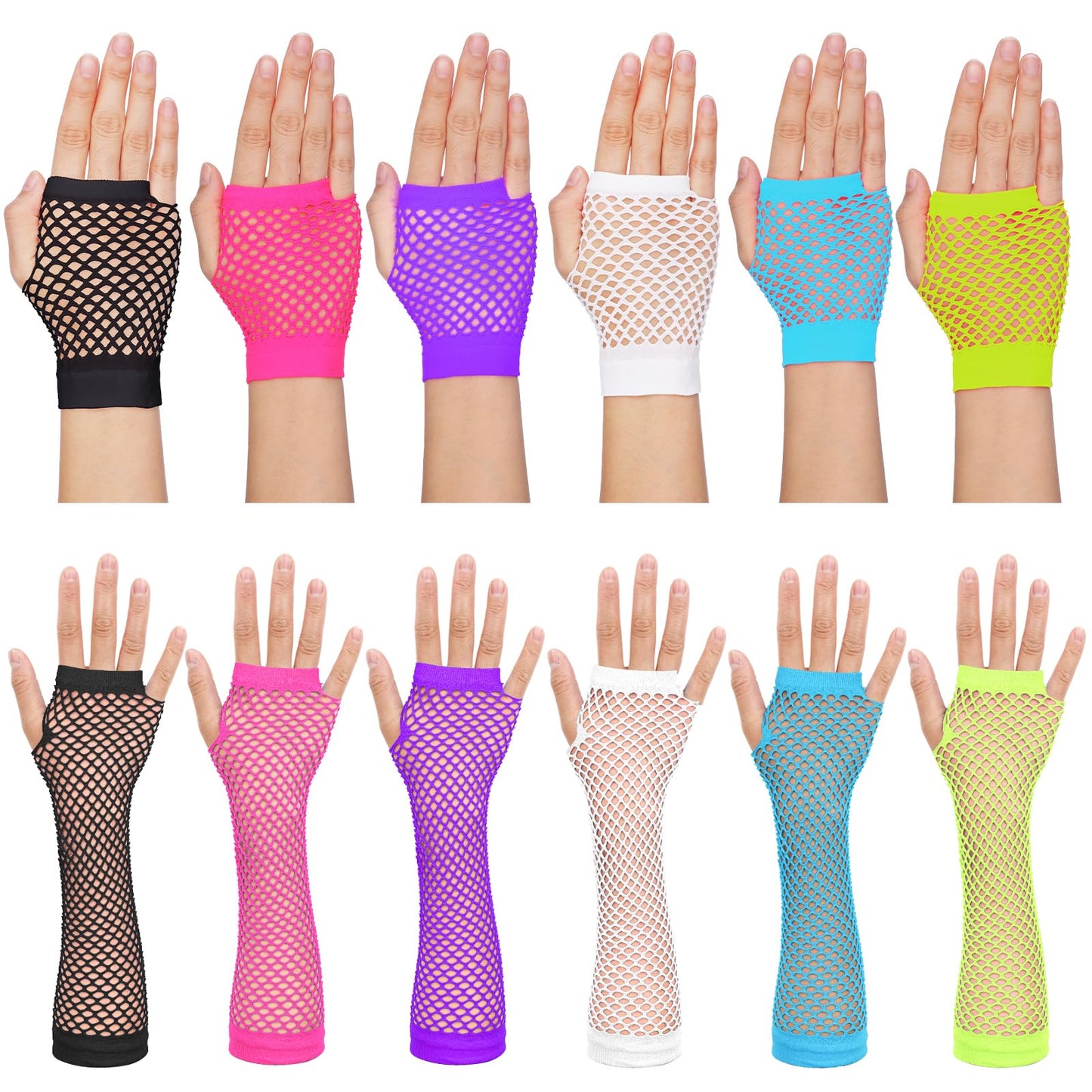 12 Pairs Fishnet Gloves, 80s 90s Neon Fingerless Mesh Gloves for Women