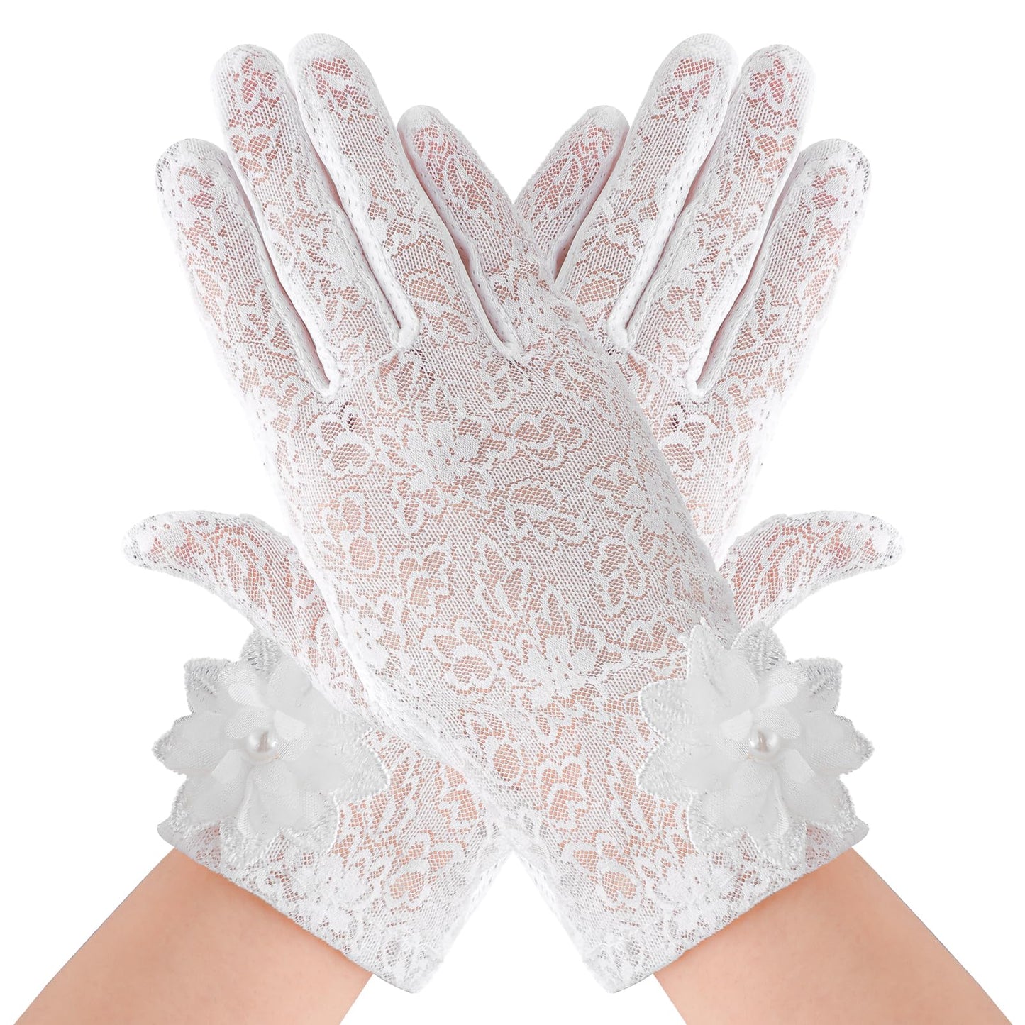 Lusofie Lace Gloves for Women Short Floral Gloves Fingerless Ladies Gloves Elegant Womens Gloves Sheer for Wedding Party(White)