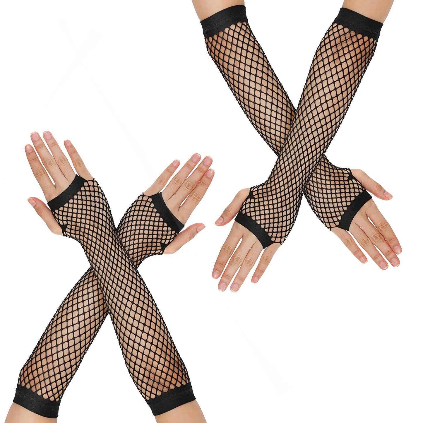 Lusofie Fishnet Gloves 2 Pairs Fingerless Long Black Gloves 80s Accessories Vintage Nylon Stretchy Black Gloves Costume for Disco Dance Parties Fancy Cosplay (Black)