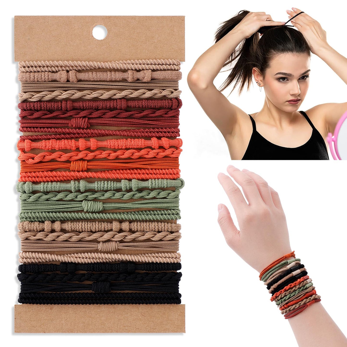 DIVINA VITAE Hair Ties, 24PCS Boho Bracelet Hair Ties for Women, Nylon Braided Elastic Hair Ties, No Damage for Thick Thin Long Curly Hair, Multicolor
