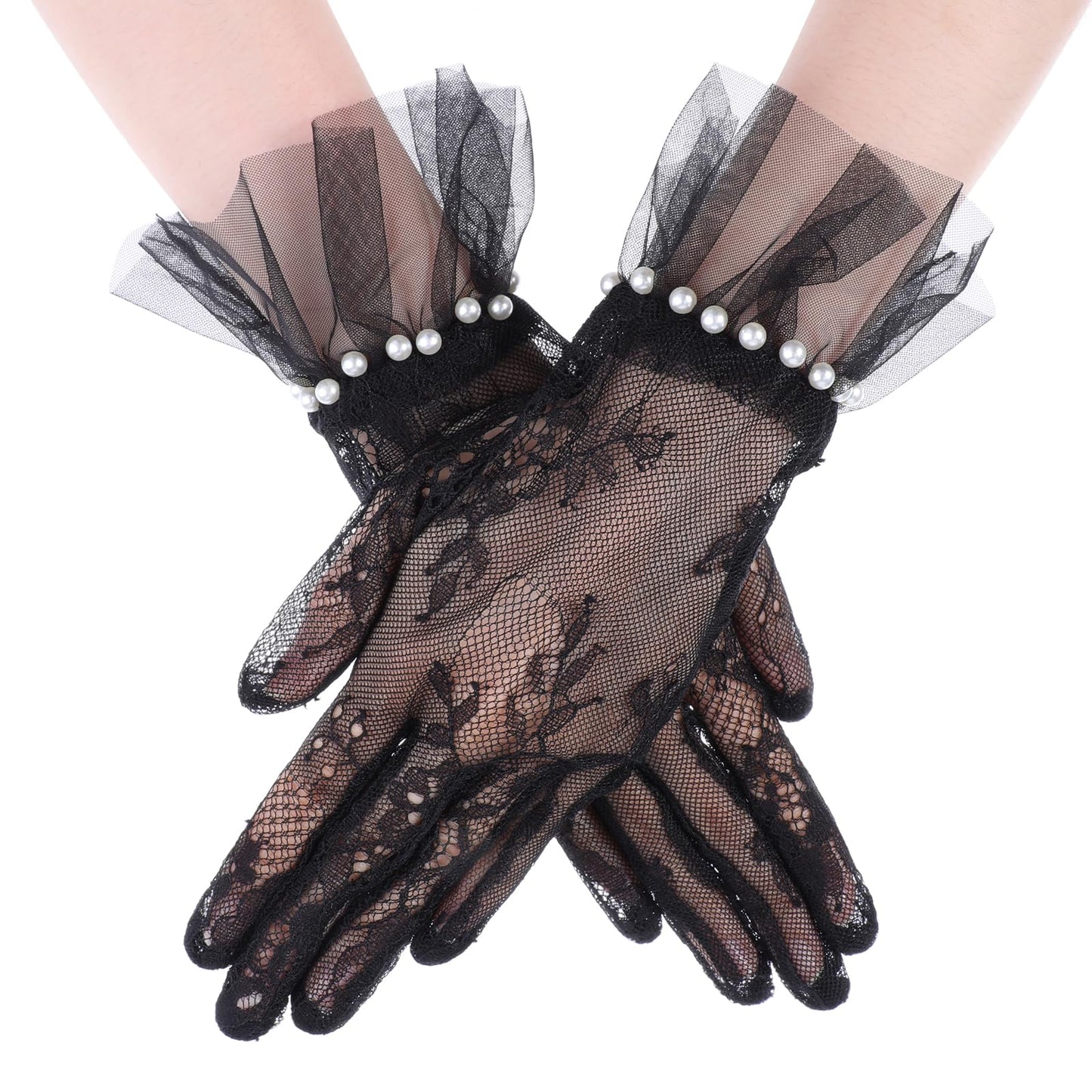 Women's Black Lace Gloves Tulle Floral Pearl Gloves Breathable Embroidered Mesh Gloves Vintage Elegant Opera Gloves Dinner Wedding Halloween Party