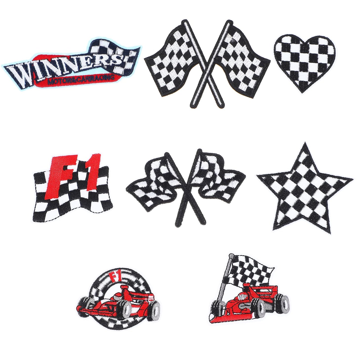 8Pcs Racing Patches Checkered Racing Flag Patches Trucker F1 Appliques Car Racing Motorcycle Embroidery Sewing Iron on Patches for Bags Hat Jacket