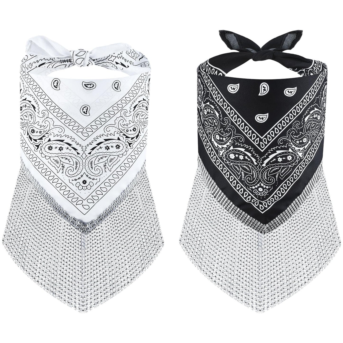 Telooco 2 Pcs Disco Fringed Rhinestone Bandana Bachelorette Sparkly Bandanas Disco Party Favor Cowgirl Outfit Accessories for Women (Black and White)