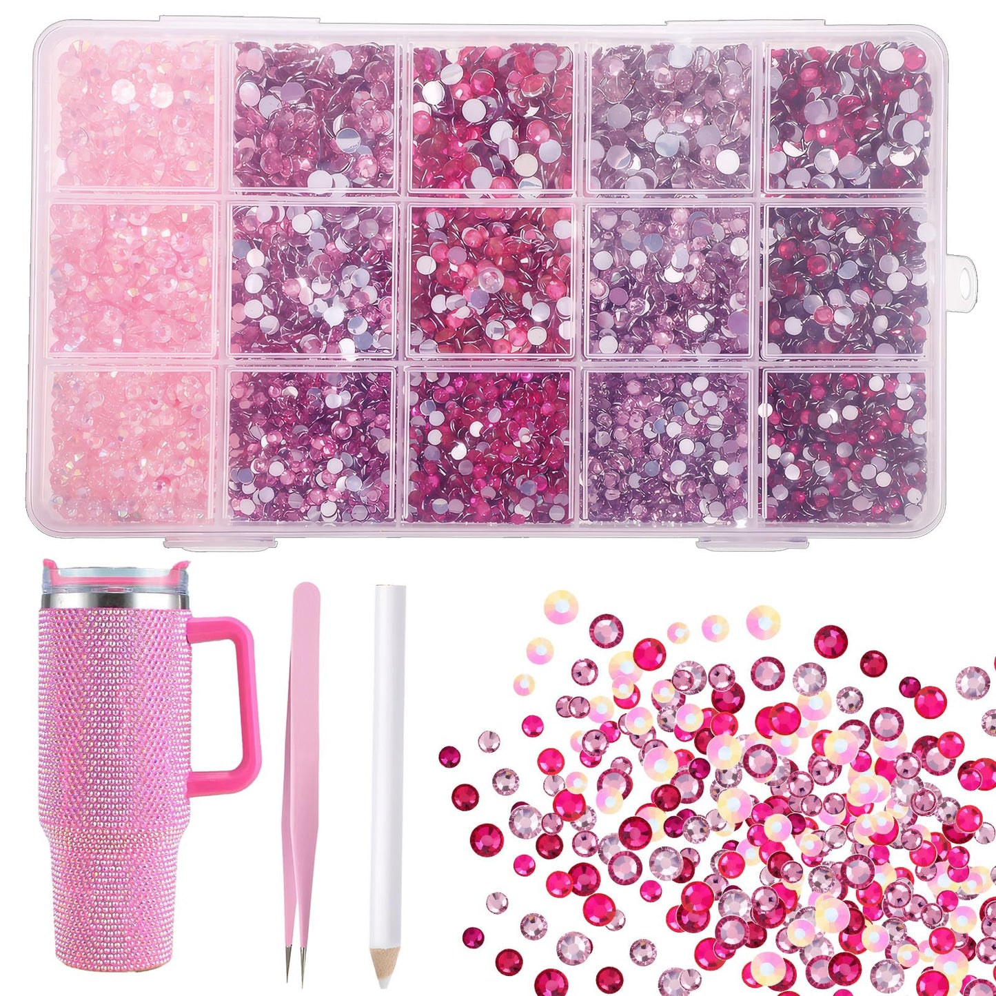 15000 Pcs Pink Rhinestones for Bedazzling - Flatback Resin Jelly Rhinestones - 3/4/5mm Pink Bedazzle Gems Bedazzling Kit for Face Makeup Crafts Tumblers Clothing Shoes Nail Art