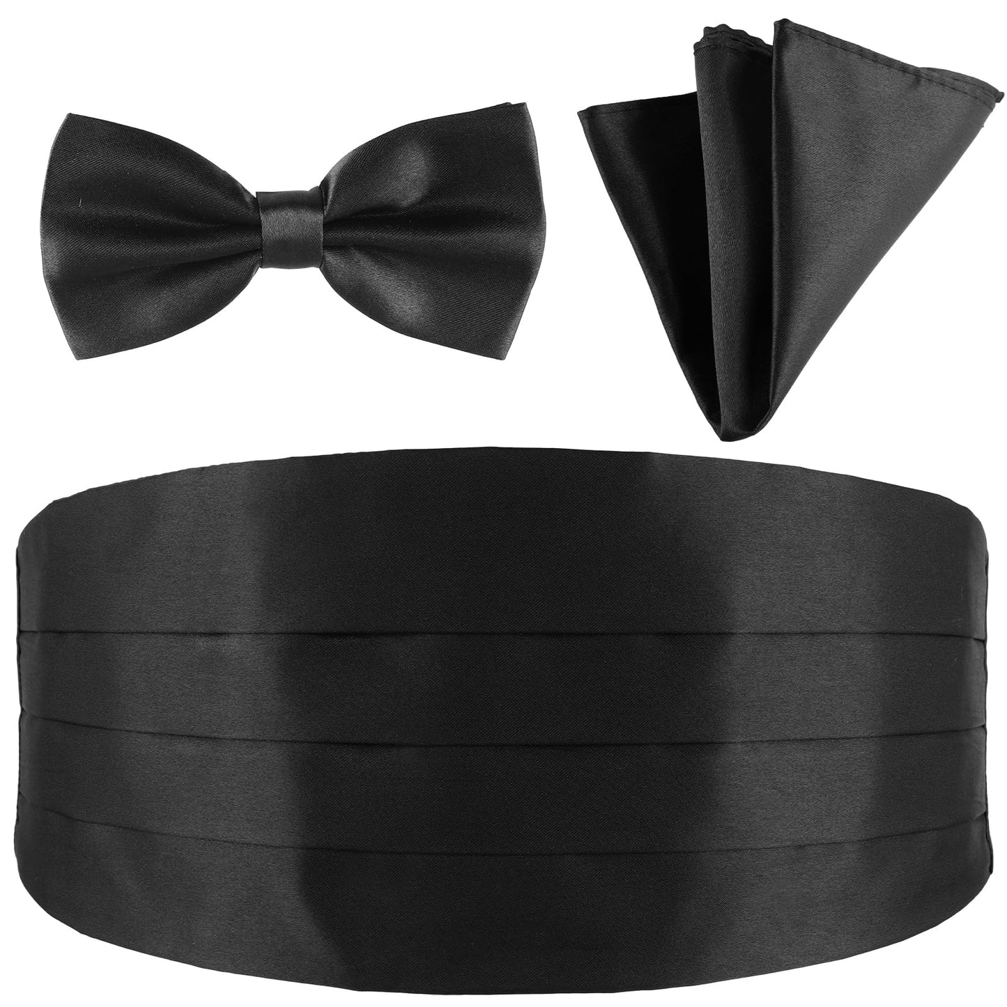 Lusofie Black Bow Tie Cummerbund for Men Men's ties, Cummerbunds & Pocket Squares Satin Cummerbund Pretied Bow Tie Breast Pocket Handkerchief Set for Special Occassions