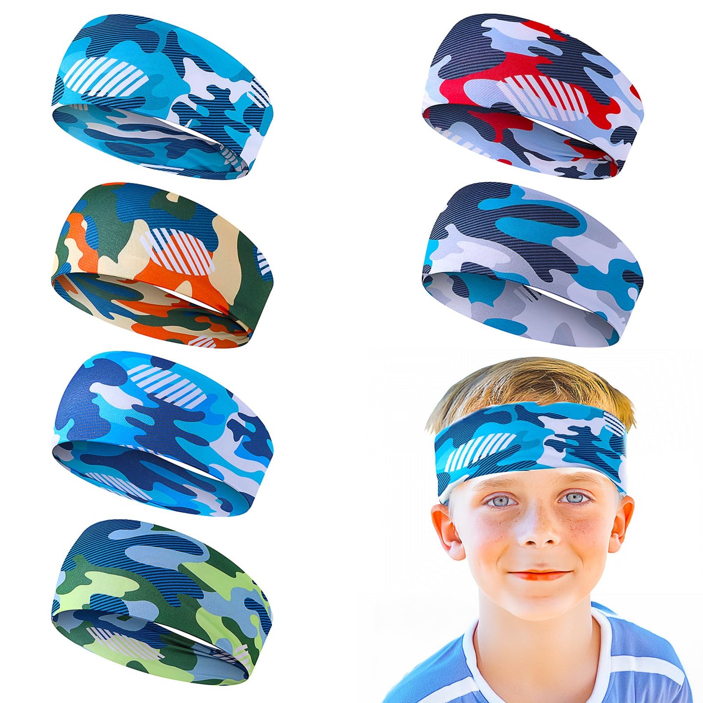 6-Pack Boys Sports Headbands, Sports Sweat-Absorbent Bands, Breathable Elastic Non-Slip Sweat-Absorbent Bands, Camouflage Sports Headbands, Suitable For Baseball, Basketball, Running, Cycling