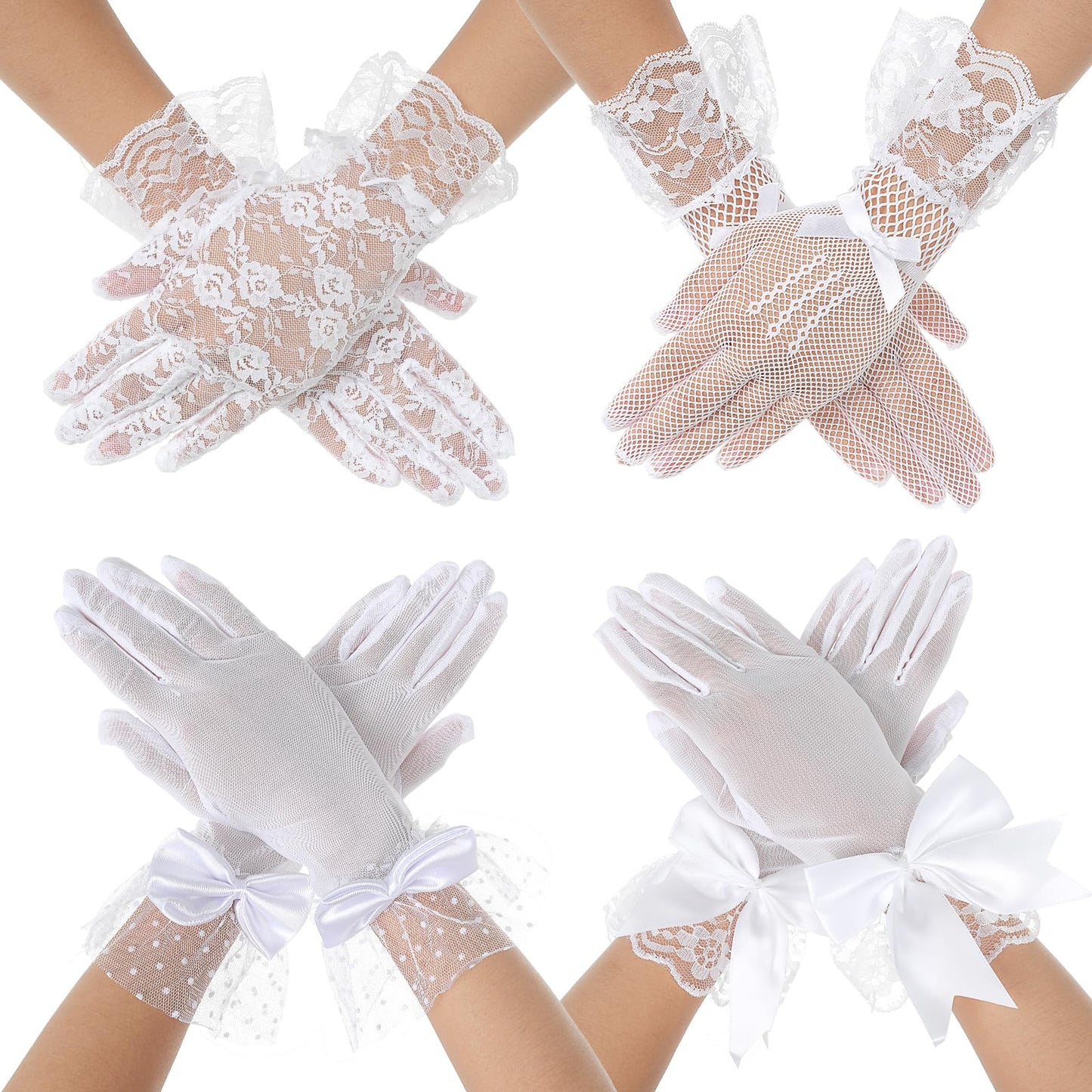 Yolev 4 Pairs Short Lace Gloves Tea Party Glove Lace Floral Bow Gloves Bridal Wedding Gloves for Dinner Prom Evening Banquet Halloween Party for Women (White)