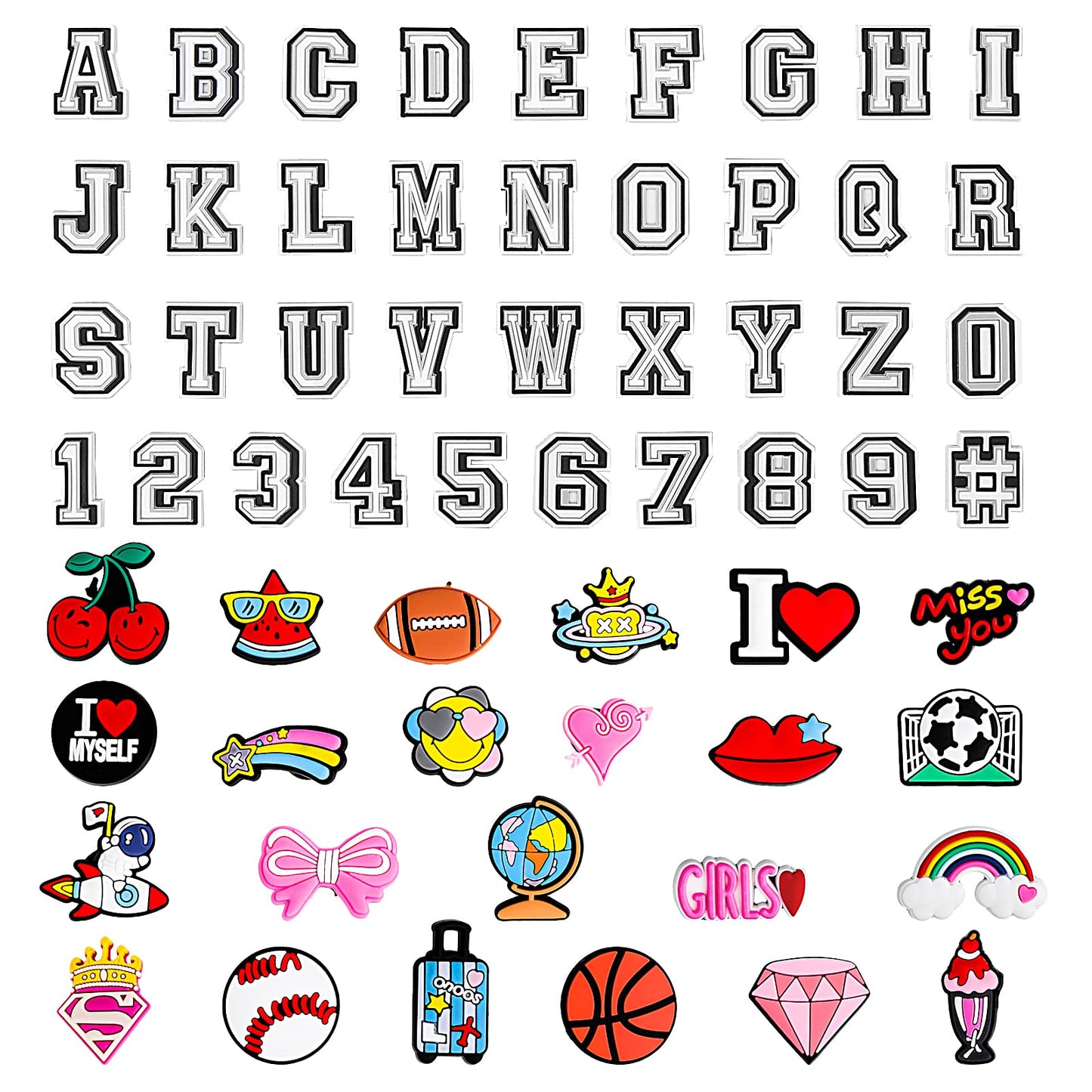 Lusofie 60piece Letters Numbers and Pattern Shoe Charms A-Z Letters & 0-9# Numbers Cute Pattern Charms for Girls Women Boys,