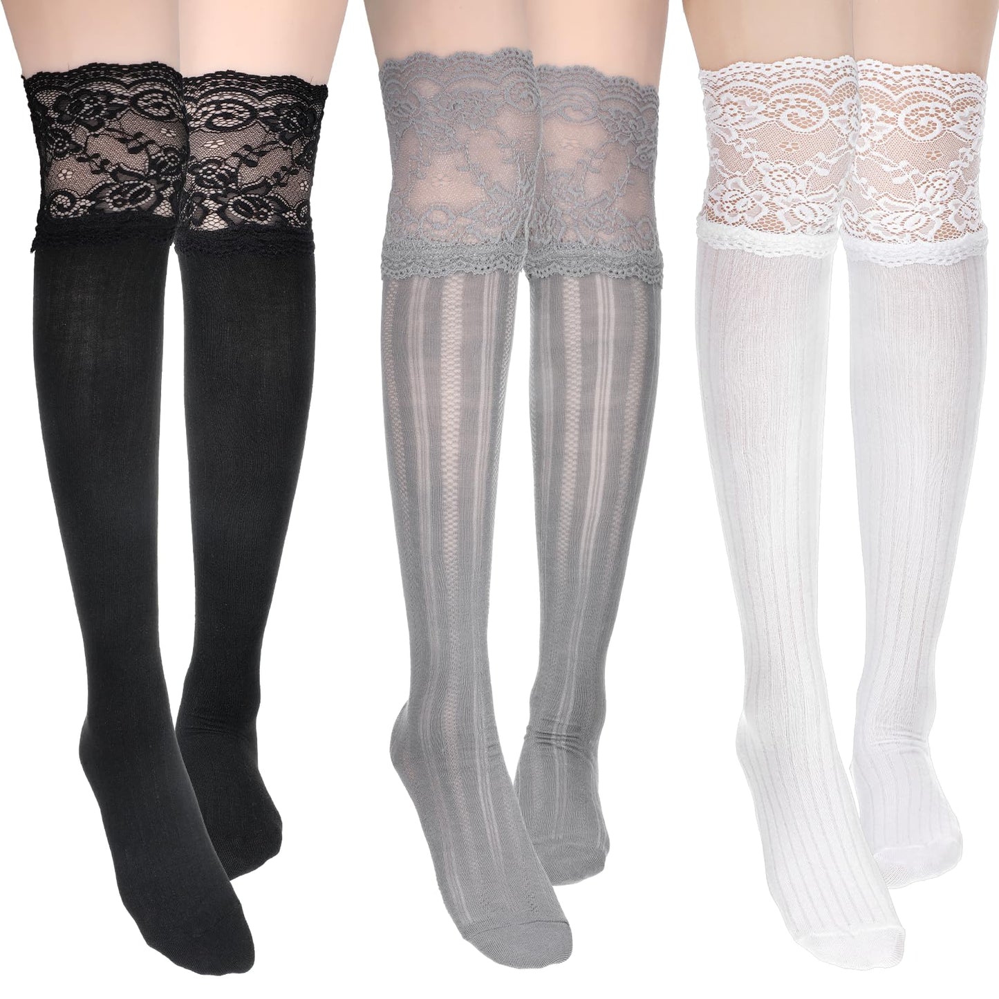 Josojoou 3 Pairs Women's Lace Socks, Lace Knee High Socks with Trim, Kawaii Laces Lolita Stocking Long over Knee Stocking for Women, Black White, Gray