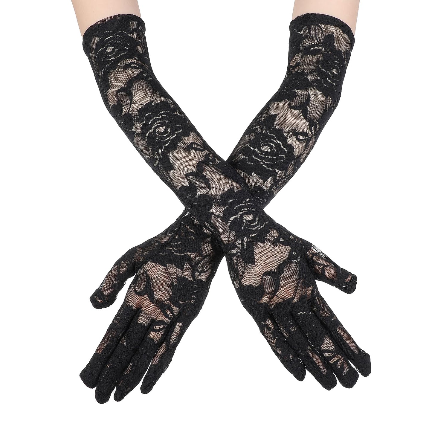 Black Lace Gloves Long Lace Floral Gloves Sheer Mesh Tulle Gloves Stretchy Elbow Length Gloves Opera Gloves Wedding Bridal Gloves Floral Lace Gloves for Wedding Evening Dance Tea Party Costume Gloves