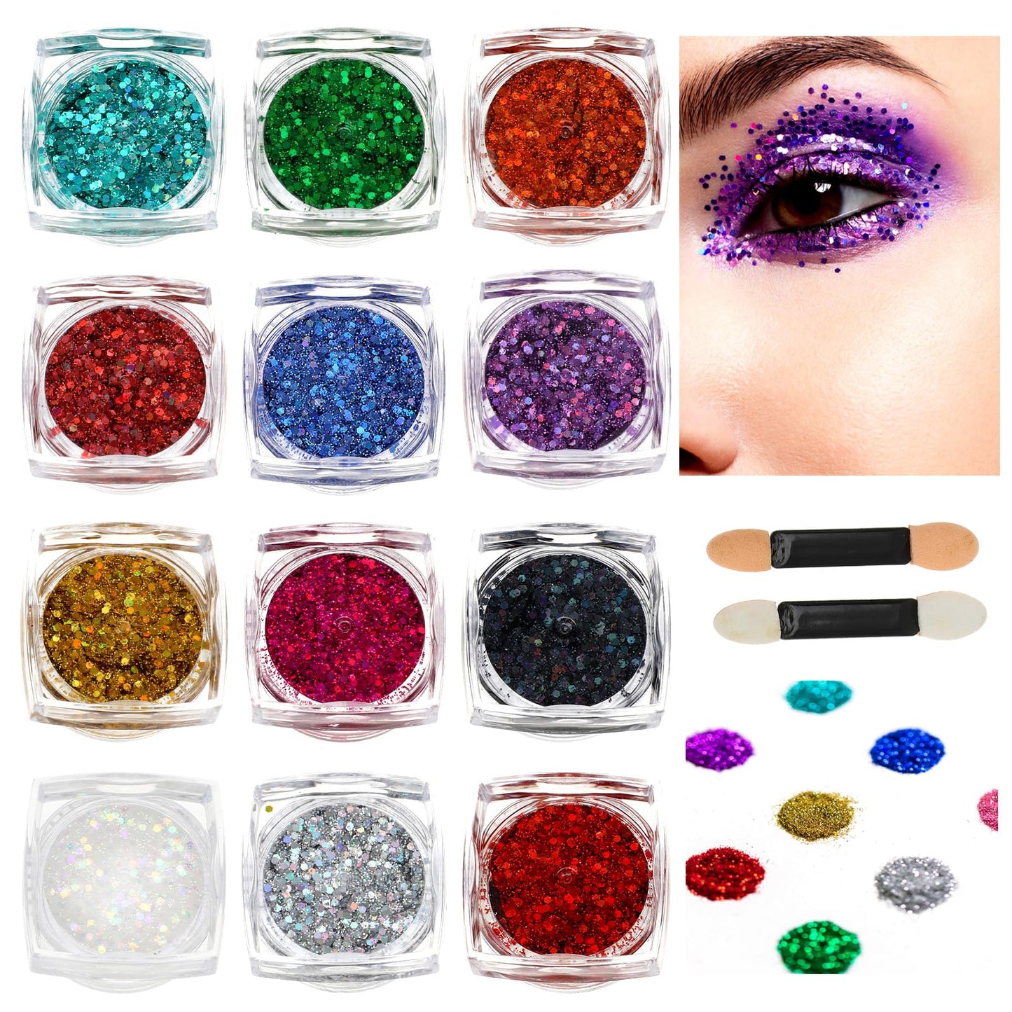 12 Colors Face Glitter Hair Glitter Glitter Eyeshadow Glitter Makeup for Body Glitter Gel Musical Festival Halloween Glitter Party Mermaid Sequins Makeup Glitter with Two Brushes