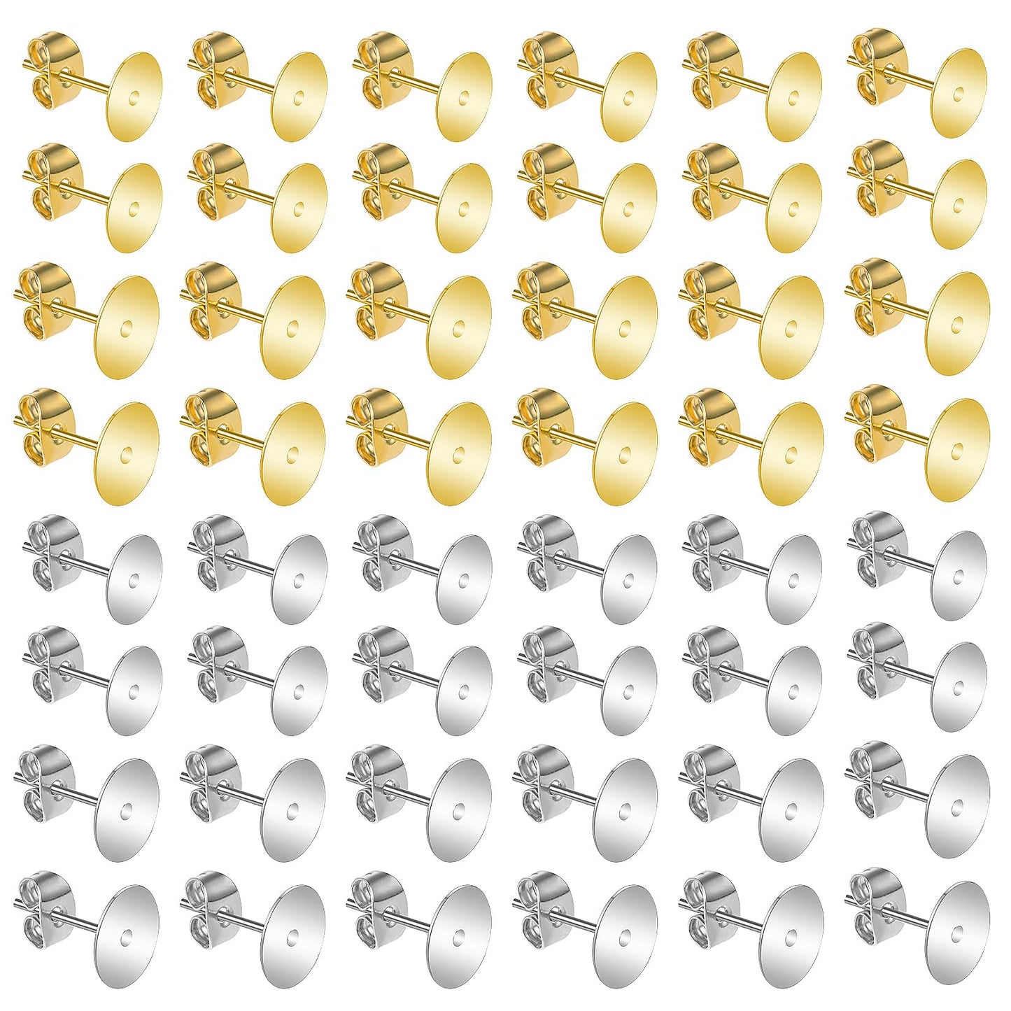 Yolev 400Pcs Earring Posts Stainless Steel Hypoallergenic, 6mm/8mm Steel Flat Pad Earring Studs, Butterfly and Clear Rubber Earring Backs for Jewelry Making DIY (Steel Color and Gold)