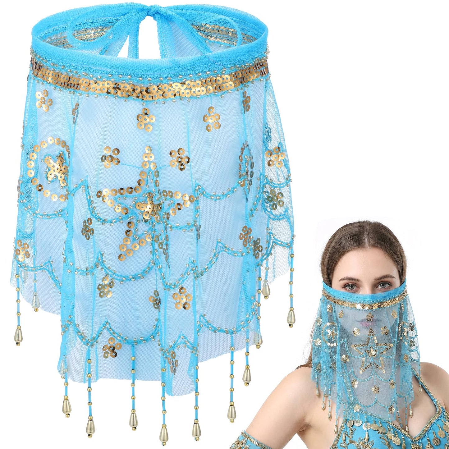 Womens Belly Dance Tribal Face Veil with Beads Sequins, Adjustable Belly Dance Costume with Strap for Halloween Cosplay Genie Arabian Theme Party Accessories Costume