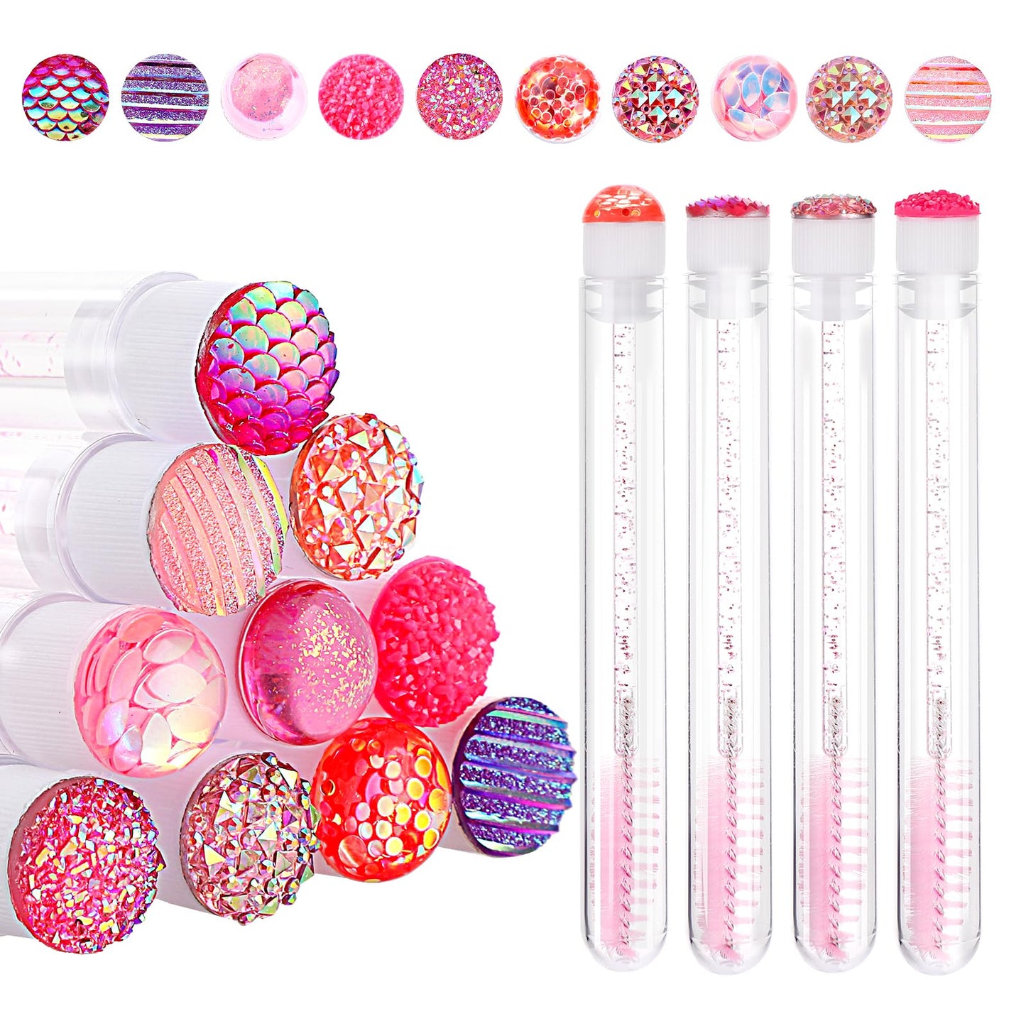 Disposable Mascara Wands Tube Set 10Pcs Shiny Diamond Lash Brush Eyelash Spoolies With Tube Mascara Wands Makeup Tool for Eyelash Extensions(Pink)