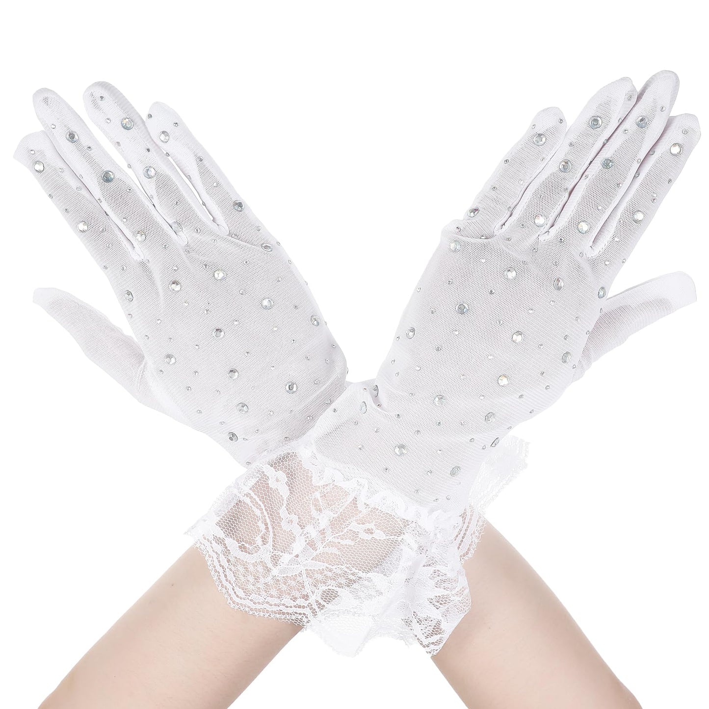 Lusofie Lace Gloves for Women with Glitter Rhinestones 1920s Elegant Opera Gloves Short Mesh Gloves for Wedding Dinner Tea Party Cosplay(White)