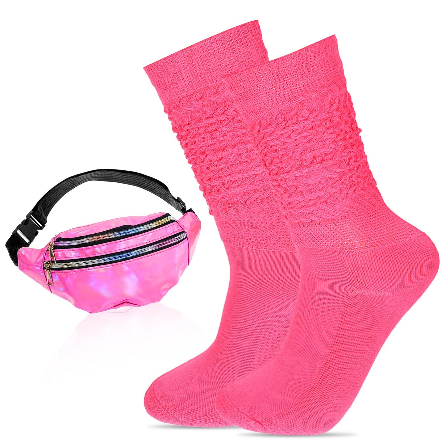 80s Neon Socks Holographic Neon Fanny Pack Slouch Socks Long Scrunch Sock for Women Retro Party Pack 80s Outfit Costume Accessories(Rose Red)