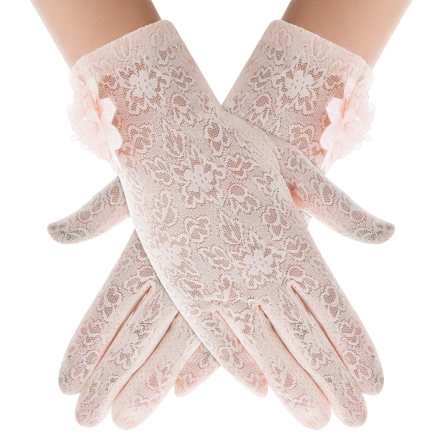Yolev Floral Ladies Lace Gloves Short Elegant Gloves Stretchy Summer Sun UV Protection Driving Gloves with Touch Screen for Wedding Opera Dinner Party (Pink)