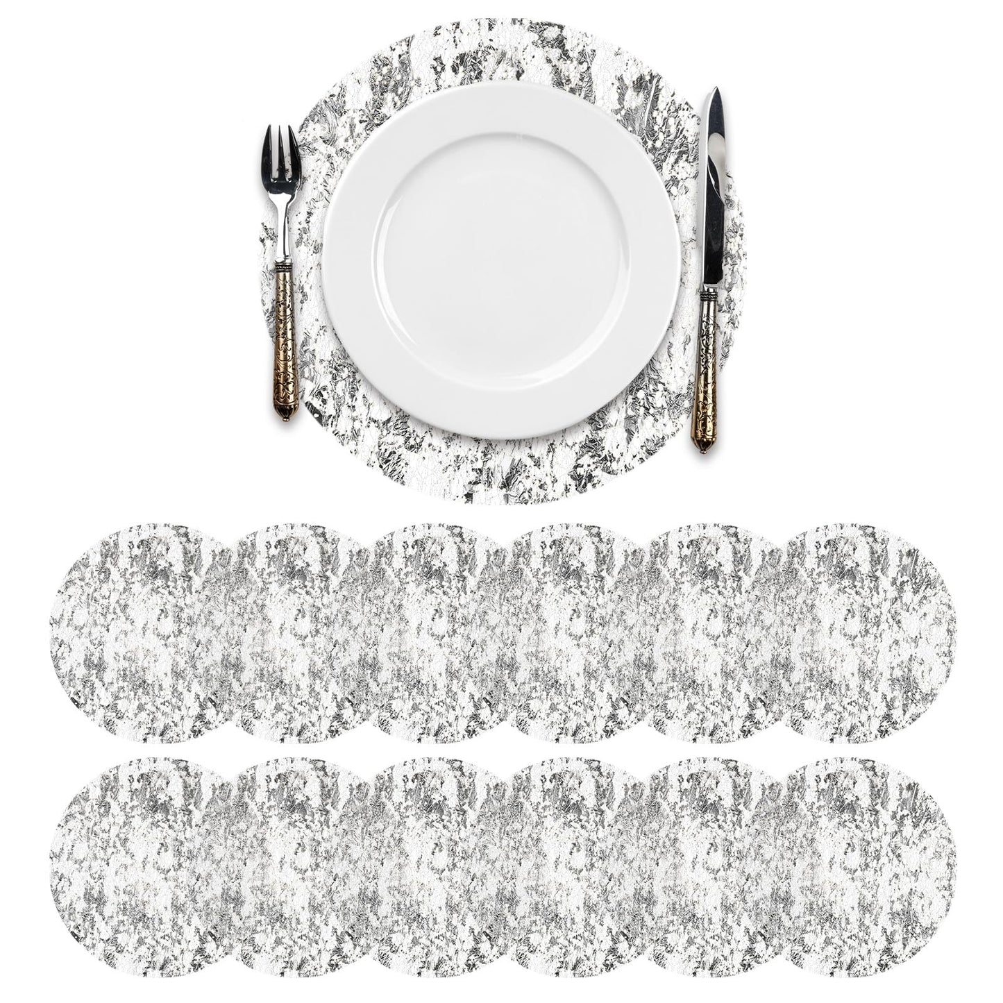 Disposable Silver Placemats 12Pcs Round Gold Foil Mesh Pressed Table Mates Gold Doilies for Dining Table Wedding Birthday Party Holiday Home Decoration