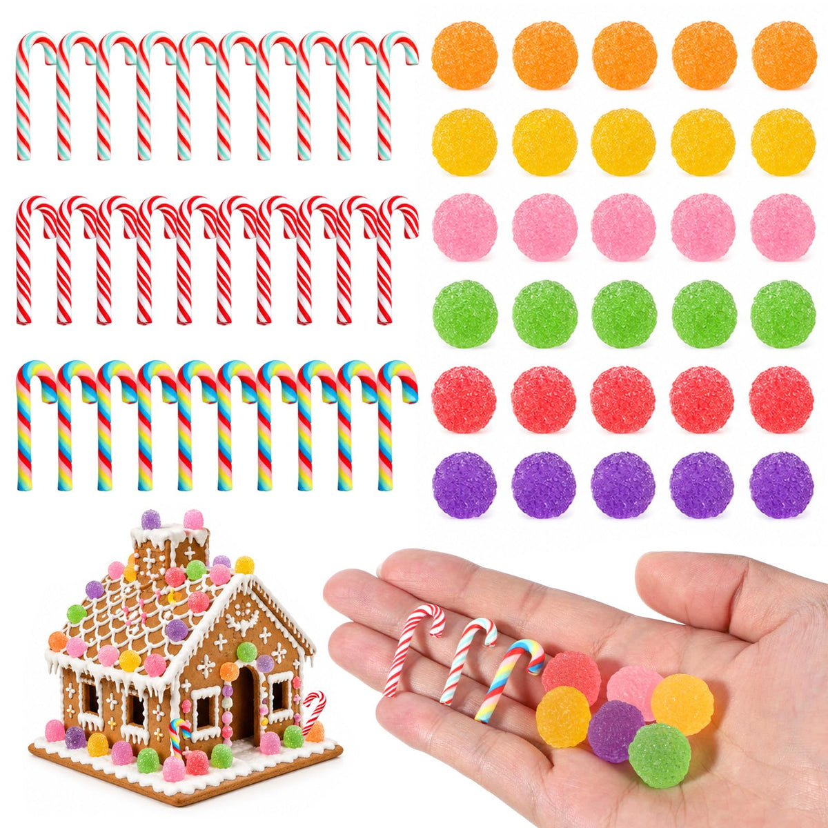60 Pcs Christmas Fake Candy, Mini Christmas Candy Cane Gumdrops, Multicolor