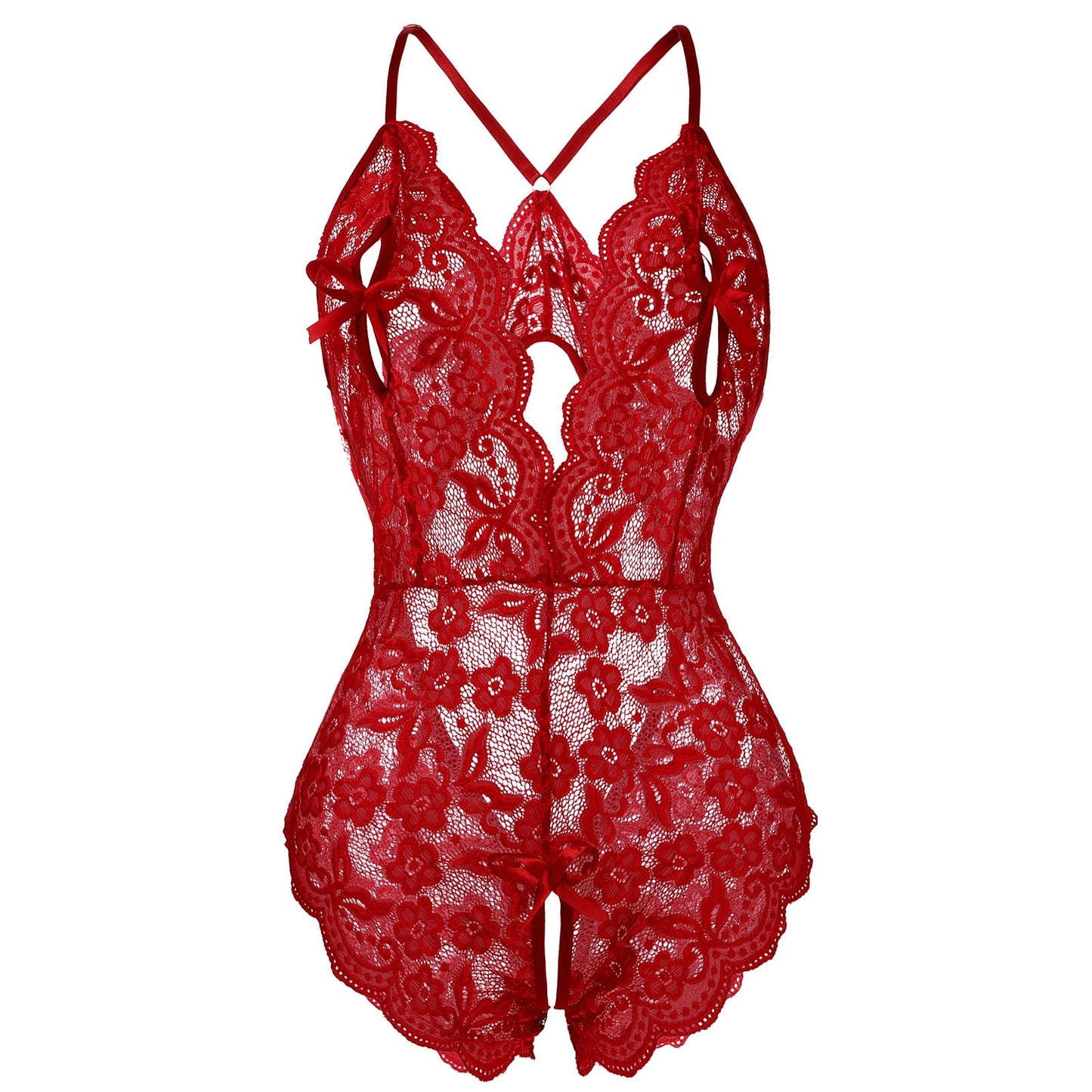 Telooco Sexy Lingerie for Women Lace One Piece Lingerie Deep V Neck Bodysuit Babydoll Sleepwear(Red,Small)
